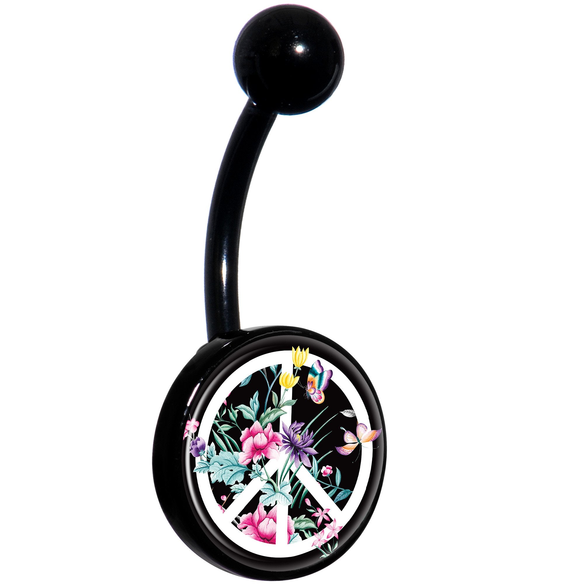 Floral Peace Sign Black Hypoallergenic Stainless Steel Belly Ring