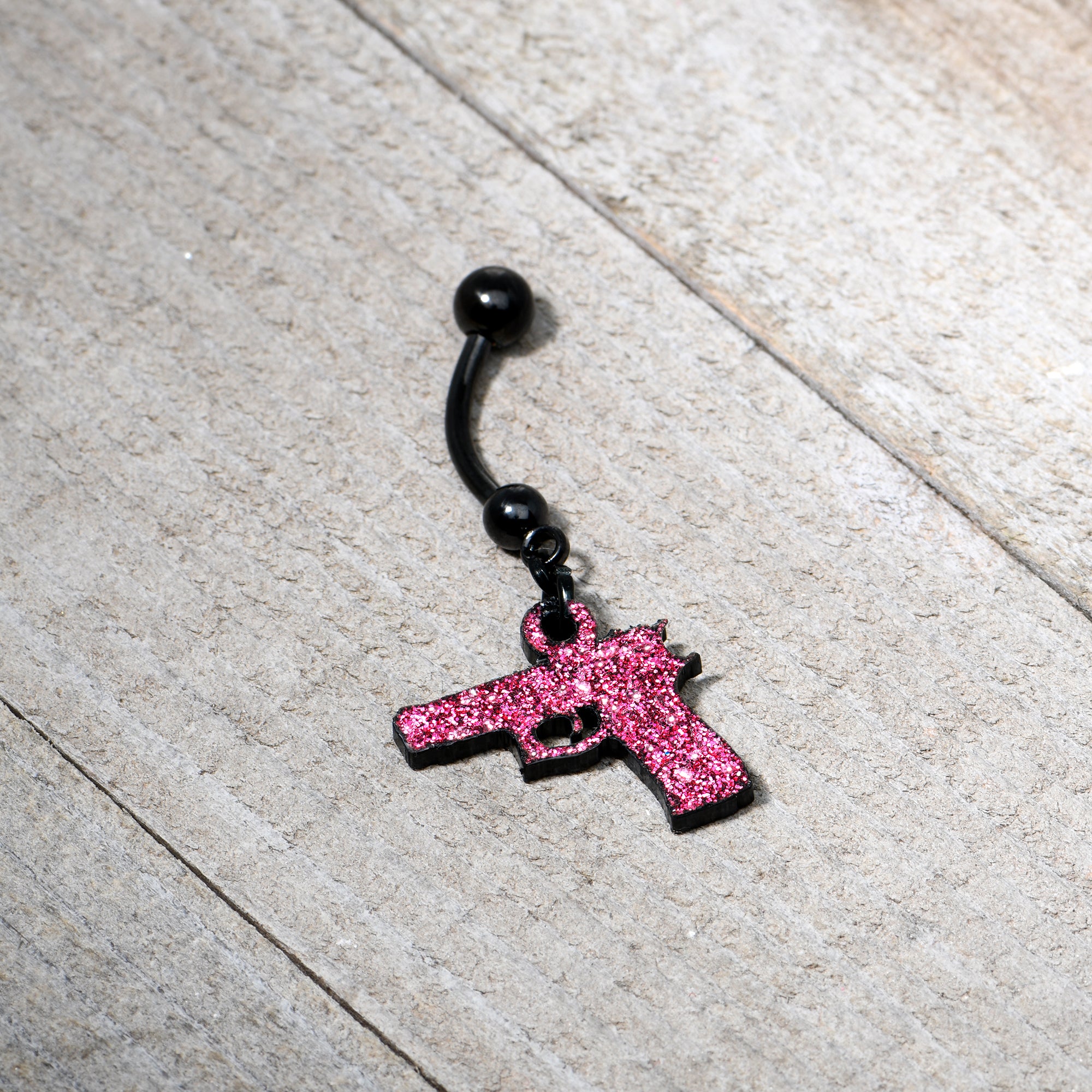 Pink Glitter Gun Dangle Stainless Steel Belly Ring handmade design