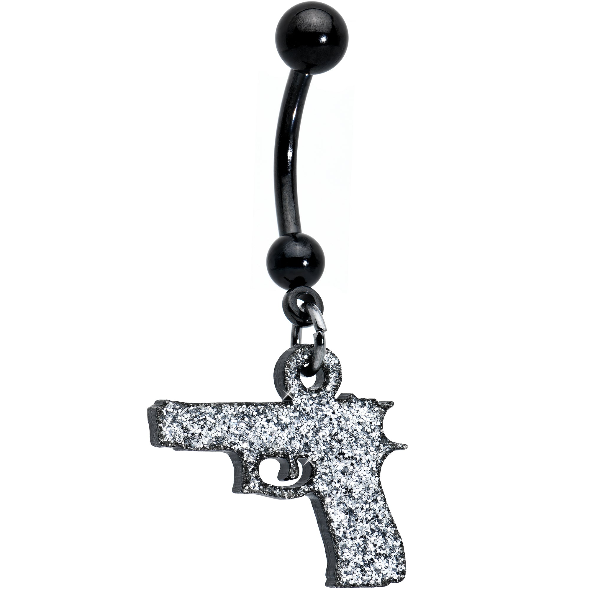 Silver Tone Glitter Gun Dangle Hypoallergenic Stainless Steel Belly Ring