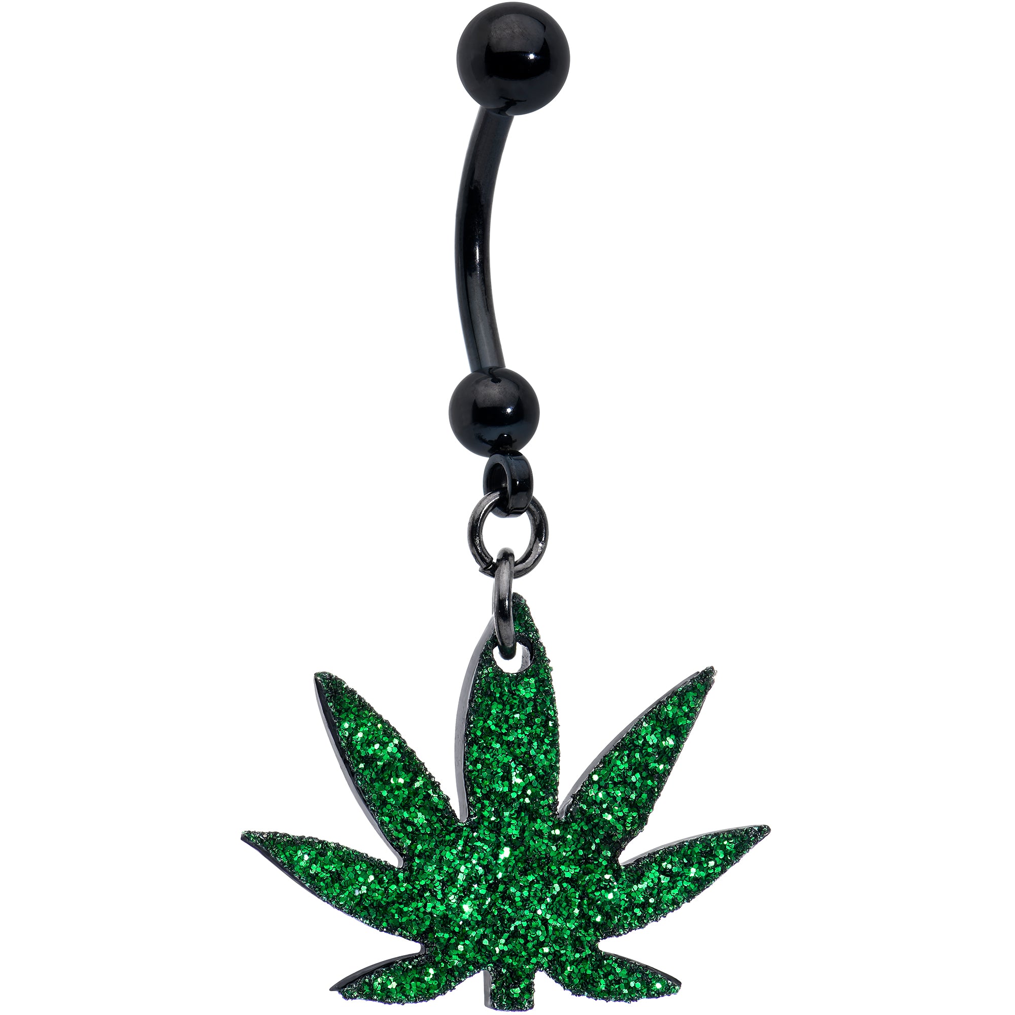 Green Glitter Marijuana Pot Leaf Black Dangle Hypoallergenic Stainless Steel Belly Ring