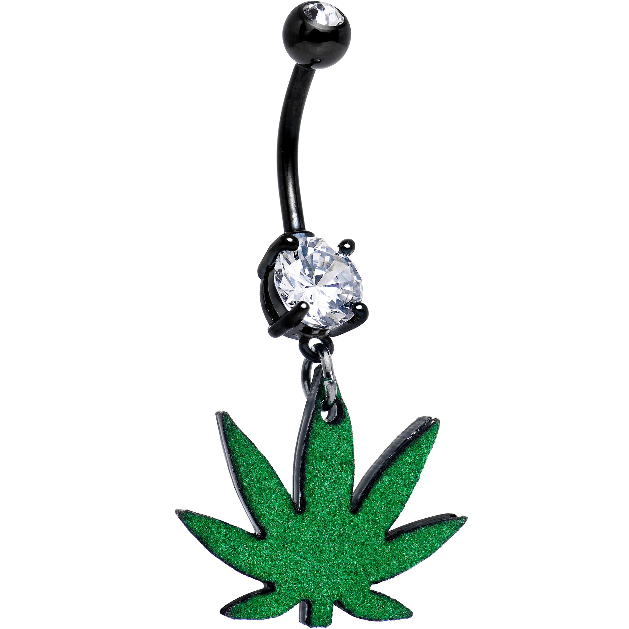 Double Gem Green Marijuana Pot Leaf Black Dangle Hypoallergenic Stainless Steel Belly Ring