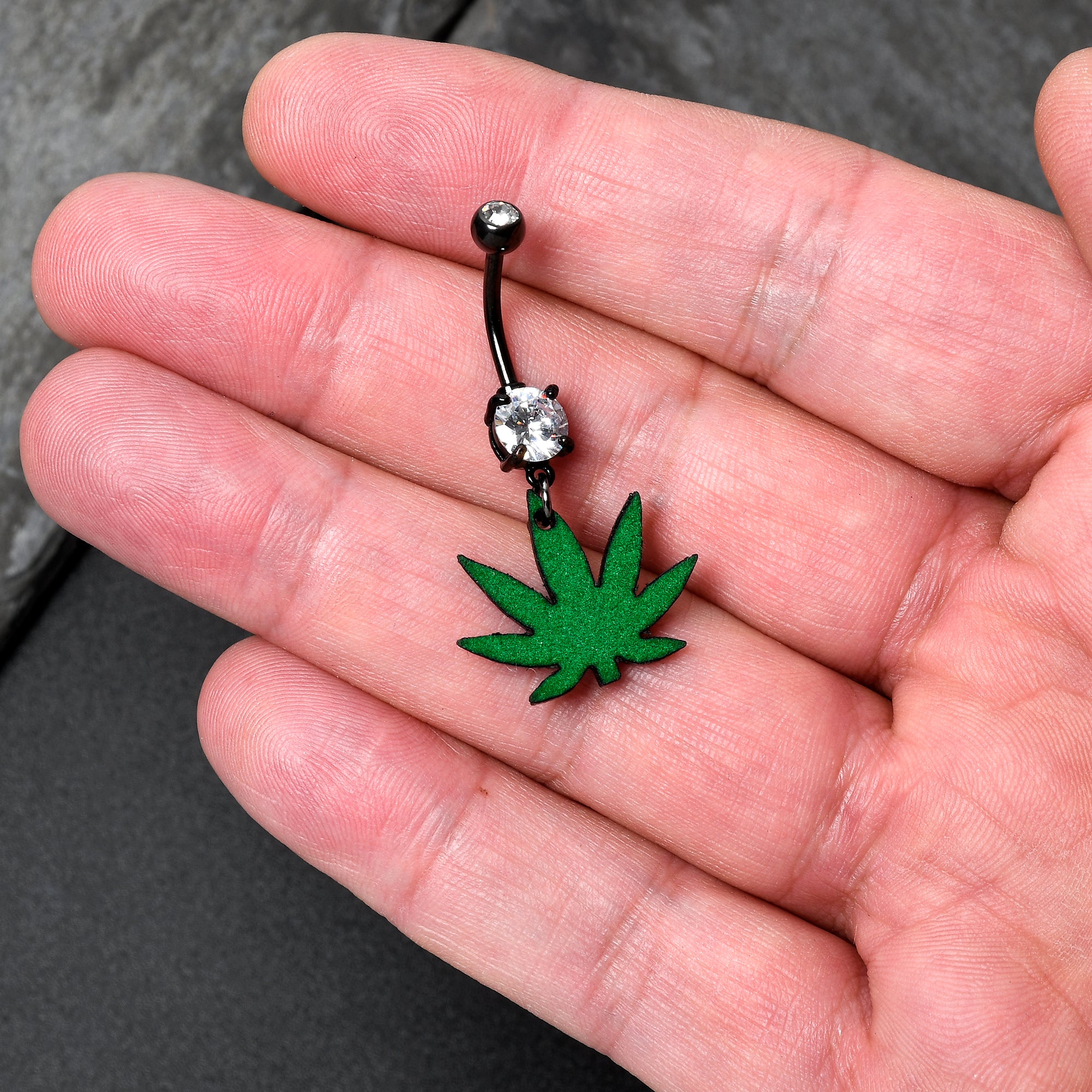 Double Gem Green Marijuana Pot Leaf Black Dangle Stainless Steel Belly Ring lightweight comfortable