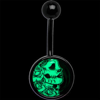 Black Glow in the Dark Katrina Sugar Skull Stainless Steel Belly Ring custom design option