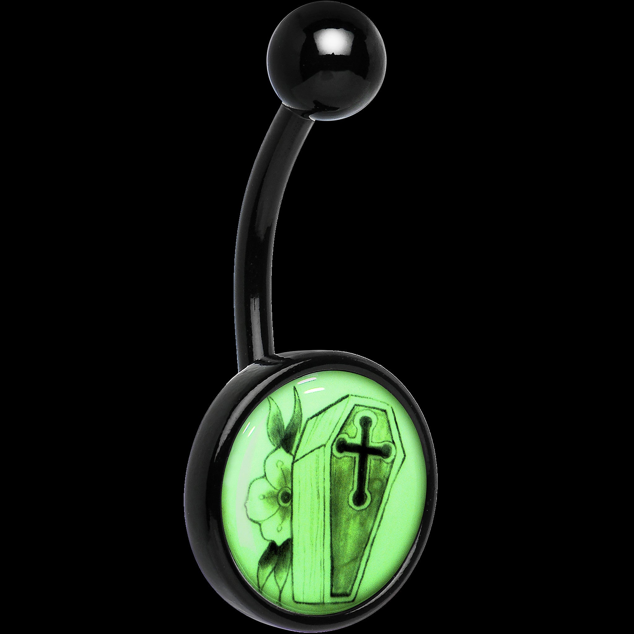 Black Titanium Coffin and Flower Glow in the Dark Stainless Steel Belly Ring lightweight comfortable