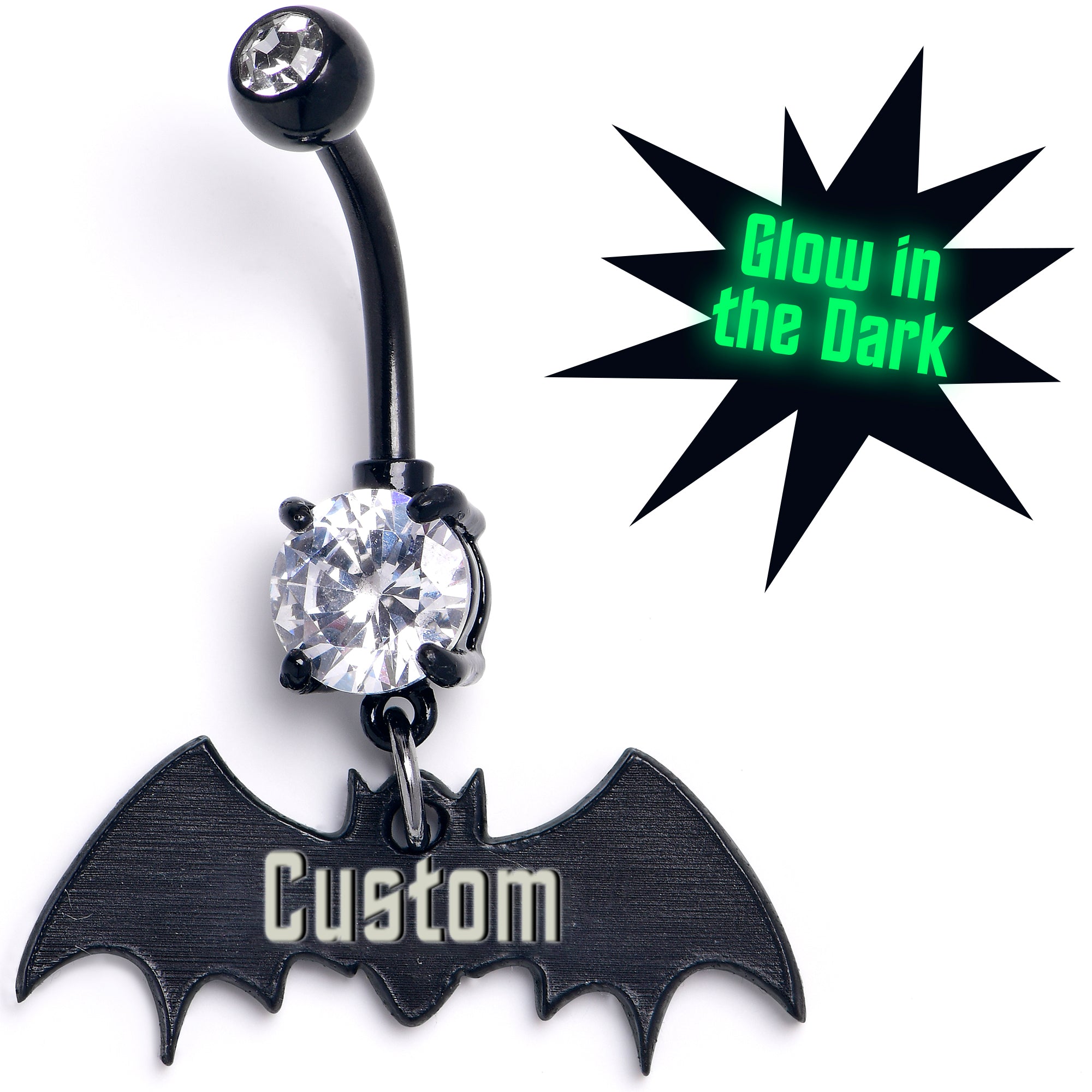 Custom Black Bat Glow in the Dark Personalized Dangle Hypoallergenic Stainless Steel Belly Ring
