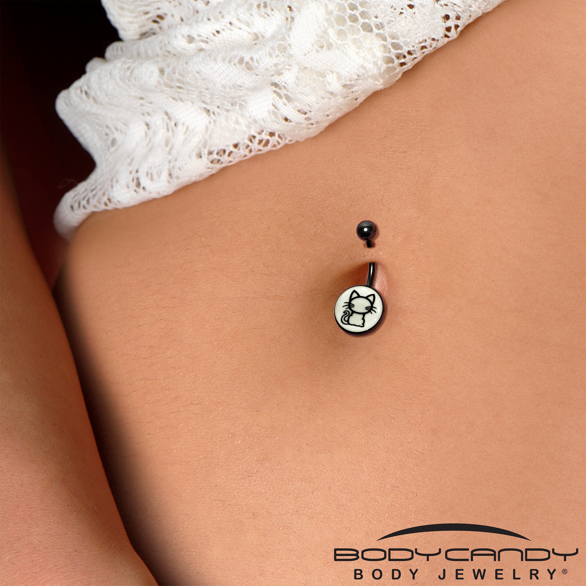 Black Anodized Glow in the Dark Kitty Cat Stainless Steel Belly Ring handmade design