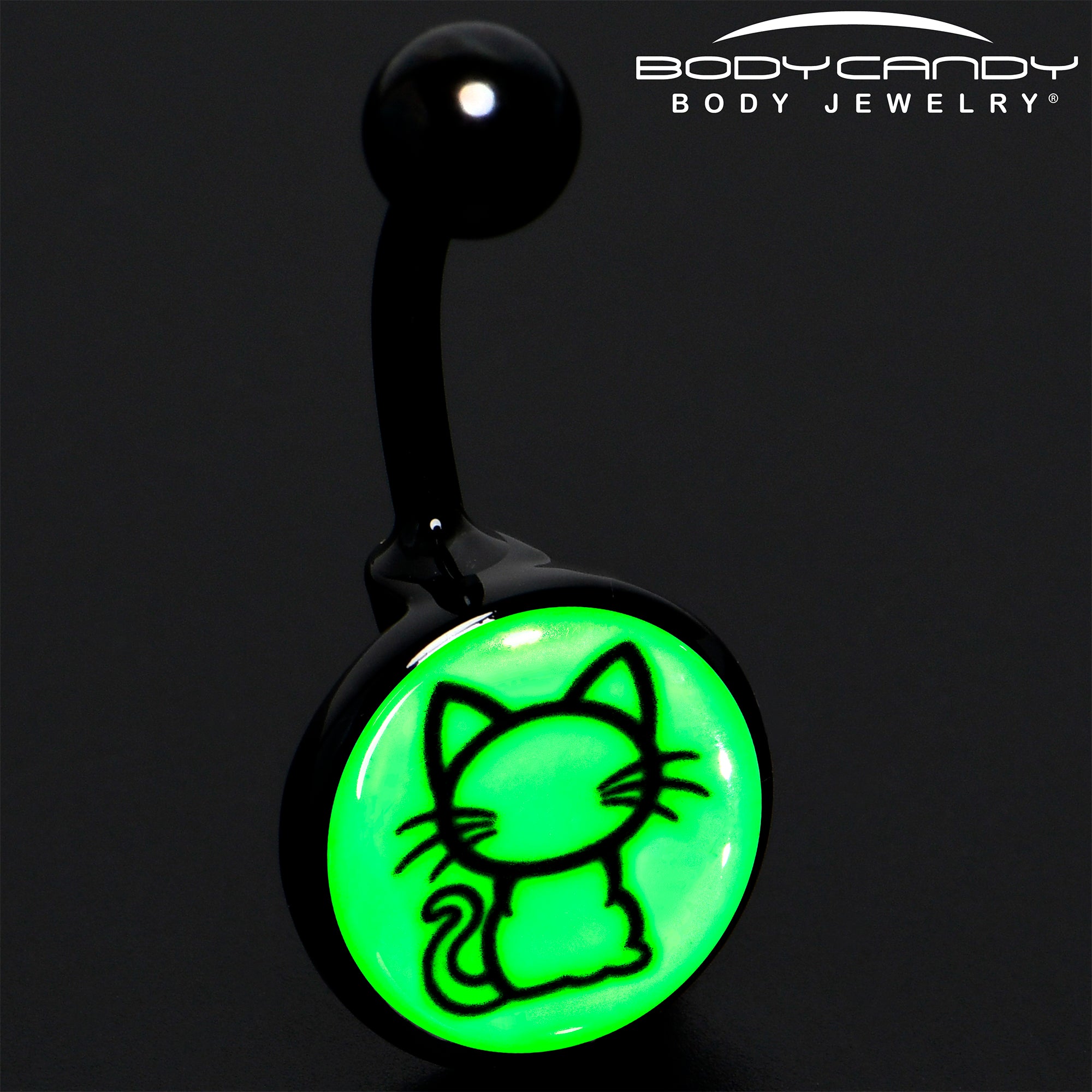 Black Anodized Glow in the Dark Kitty Cat Stainless Steel Belly Ring perfect for sensitive skin