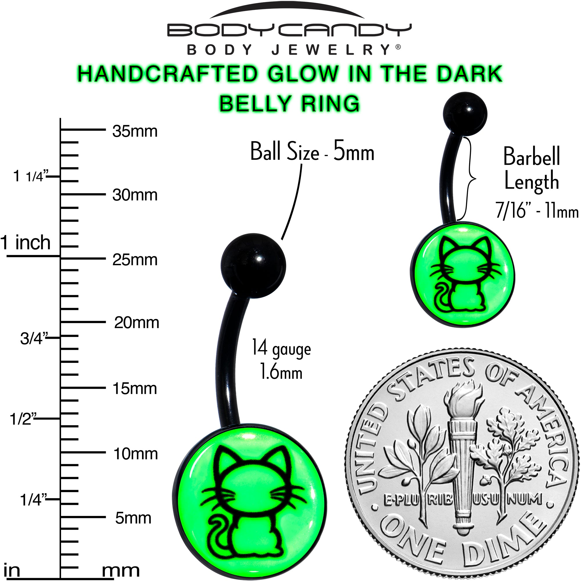 Black Anodized Glow in the Dark Kitty Cat Belly Ring by Onyx O