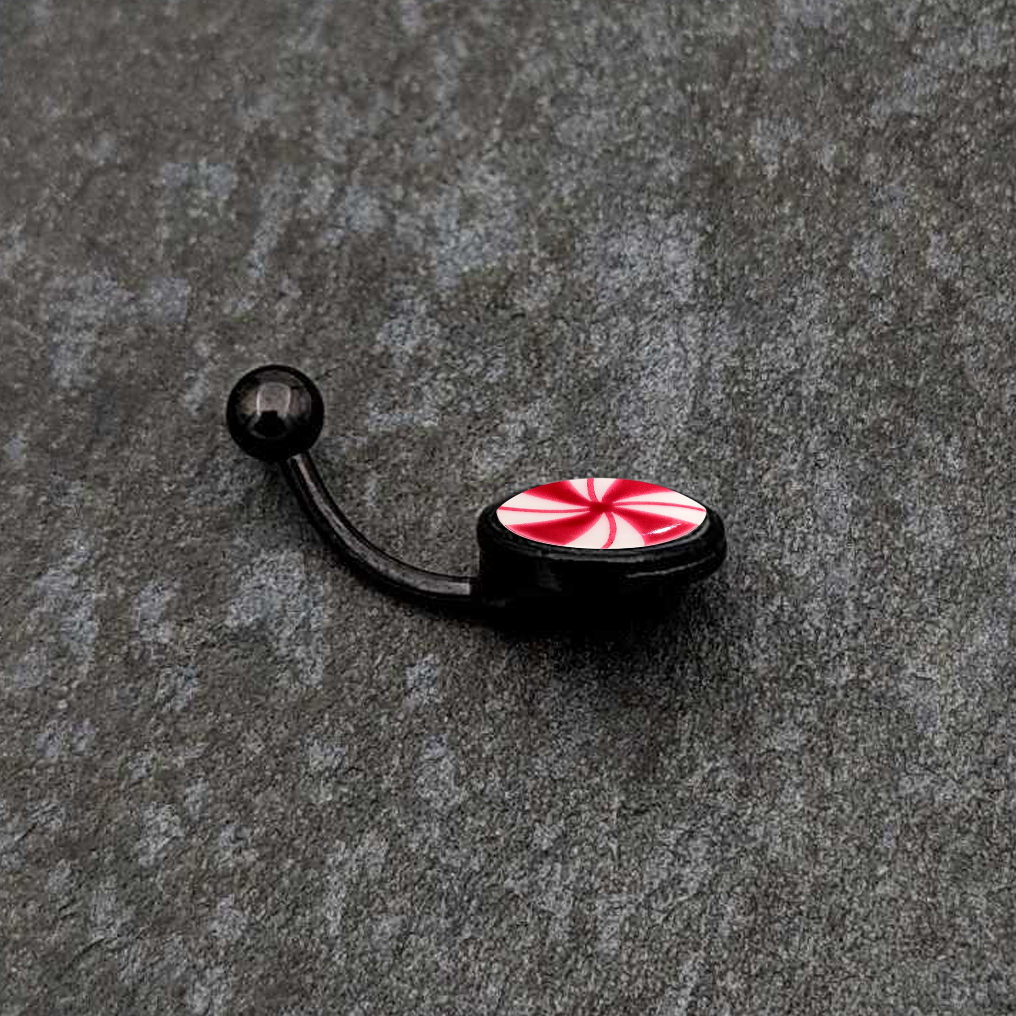 Black Glow in the Dark Holiday Peppermint Candy Stainless Steel Belly Ring perfect for sensitive skin
