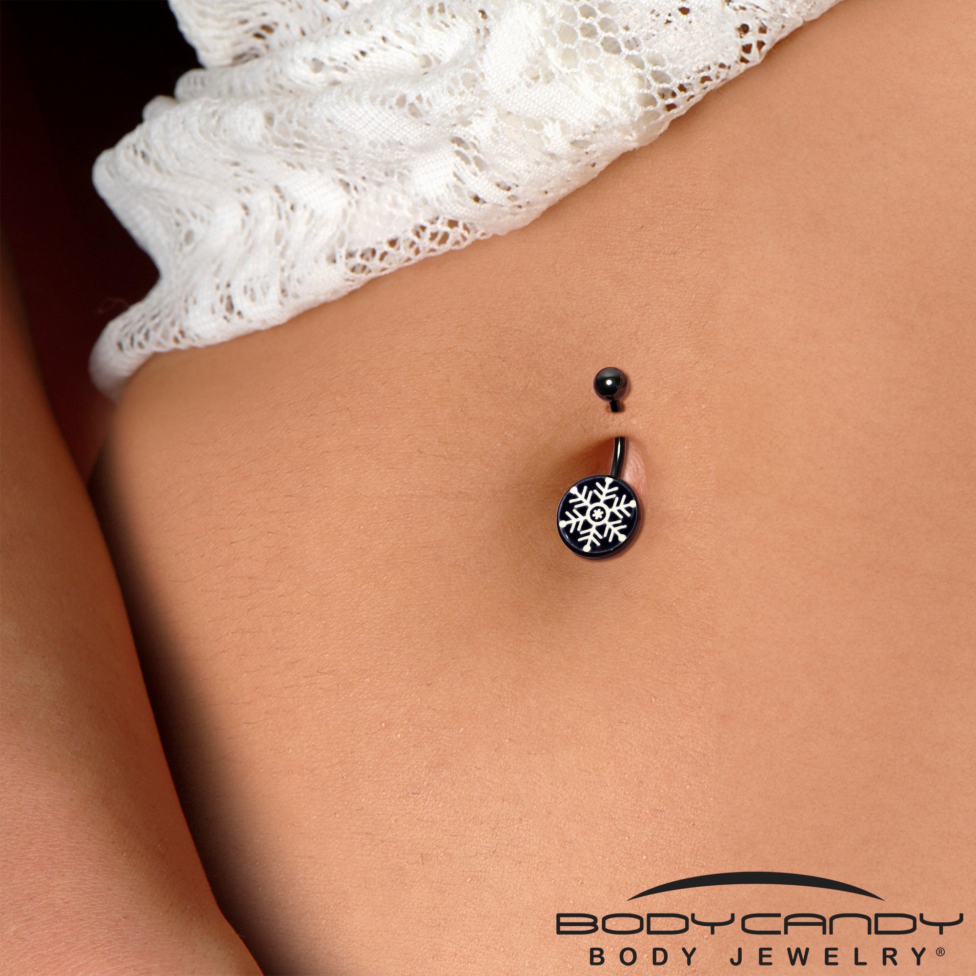 Black Glow in the Dark Holiday Snowflake Stainless Steel Belly Ring handmade design