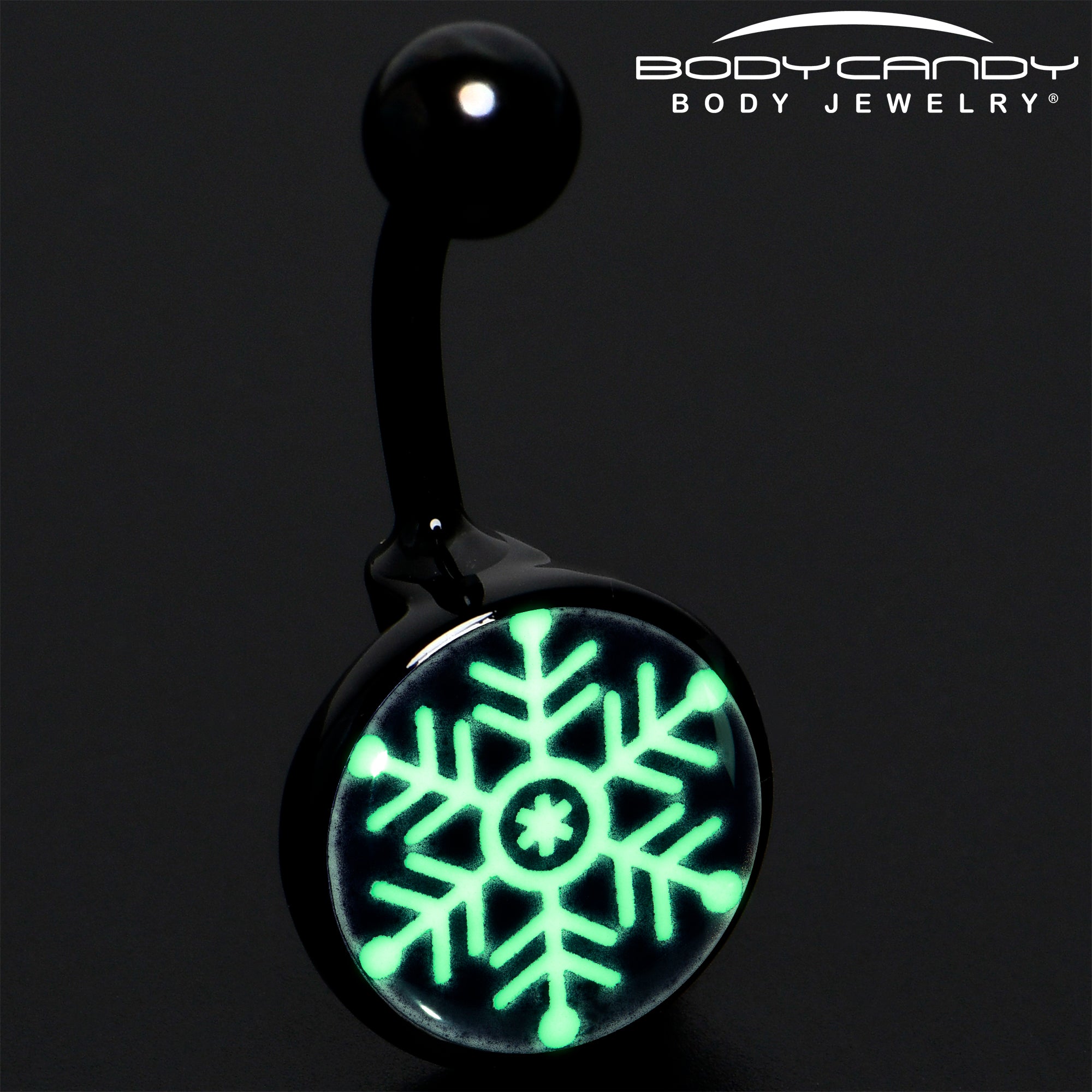 Black Glow in the Dark Holiday Snowflake Stainless Steel Belly Ring perfect for sensitive skin