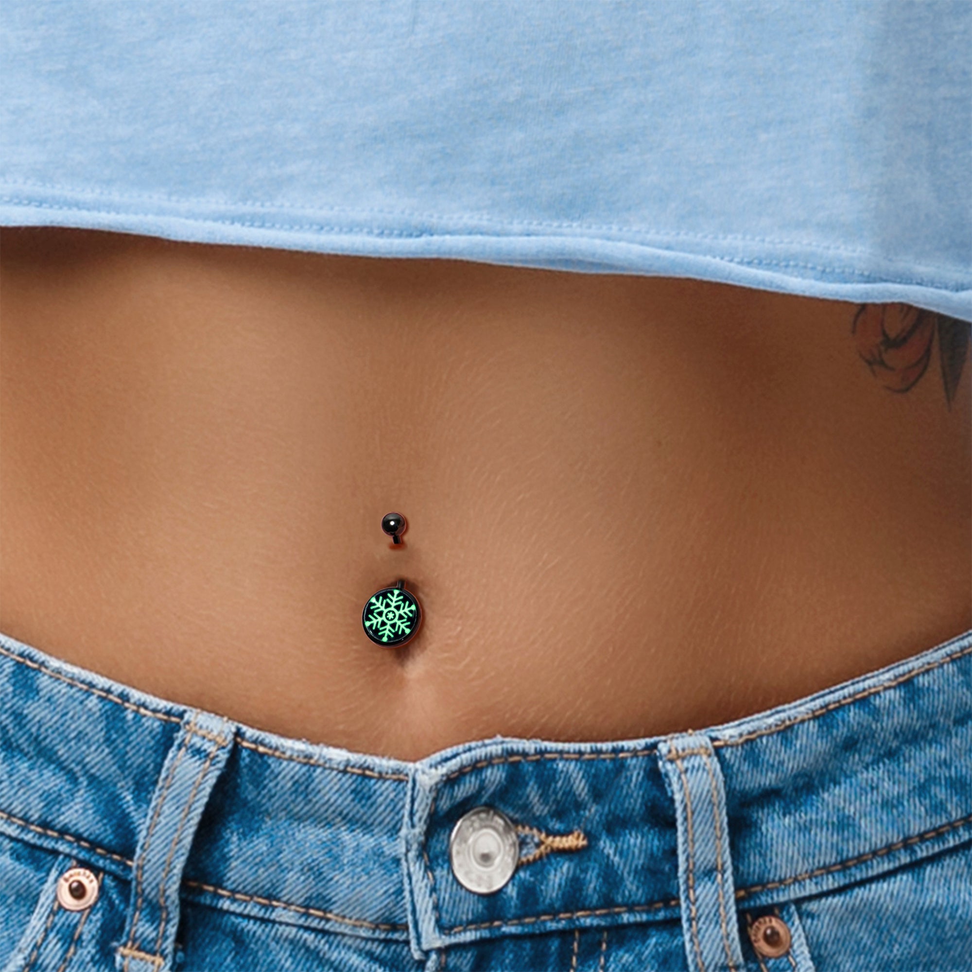 Black Glow in the Dark Holiday Snowflake Stainless Steel Belly Ring custom design option