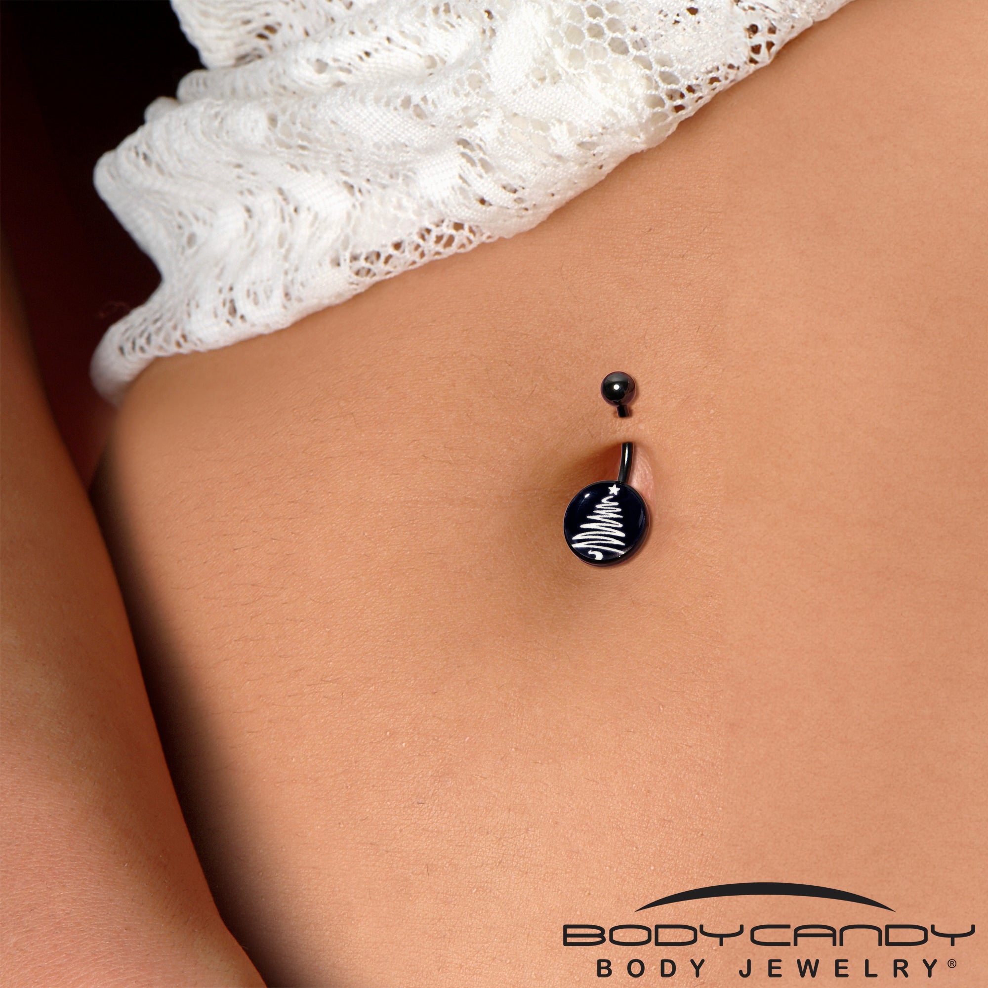 Black Glow in the Dark Holiday Christmas Tree Stainless Steel Belly Ring handmade design
