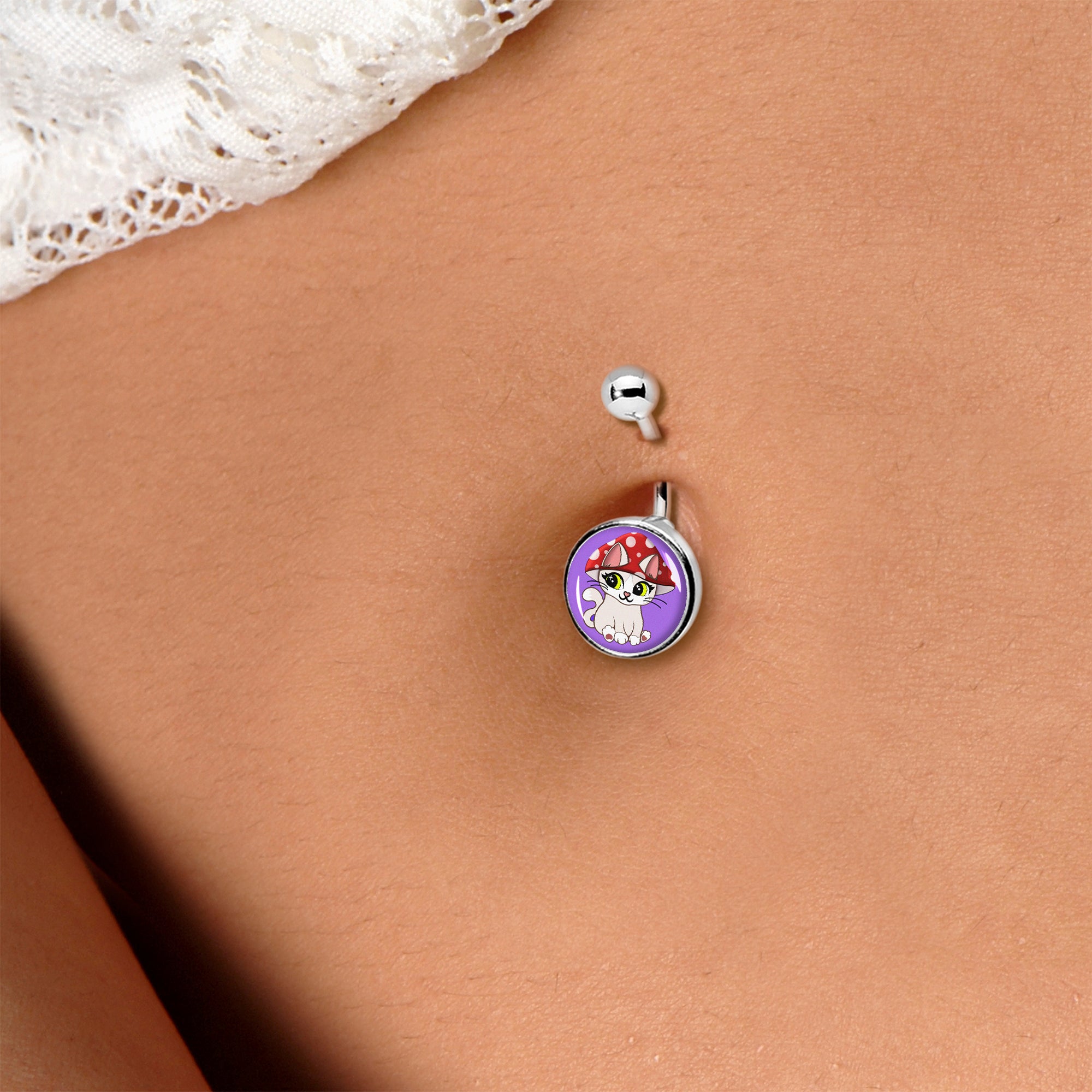 Polka Dot Mushroom Hat Cat Stainless Steel Belly Ring stylish jewelry
