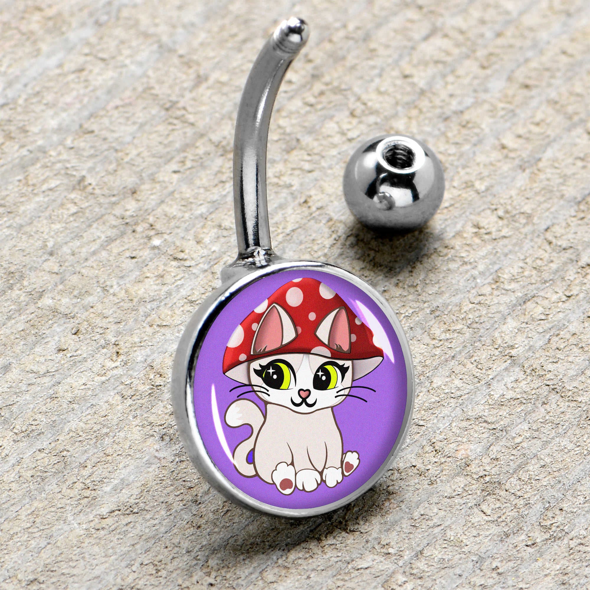 Polka Dot Mushroom Hat Cat Stainless Steel Belly Ring handmade design