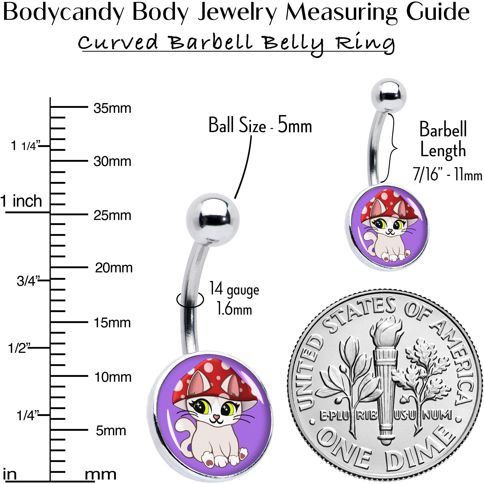 Polka Dot Mushroom Hat Cat Stainless Steel Belly Ring perfect for sensitive skin