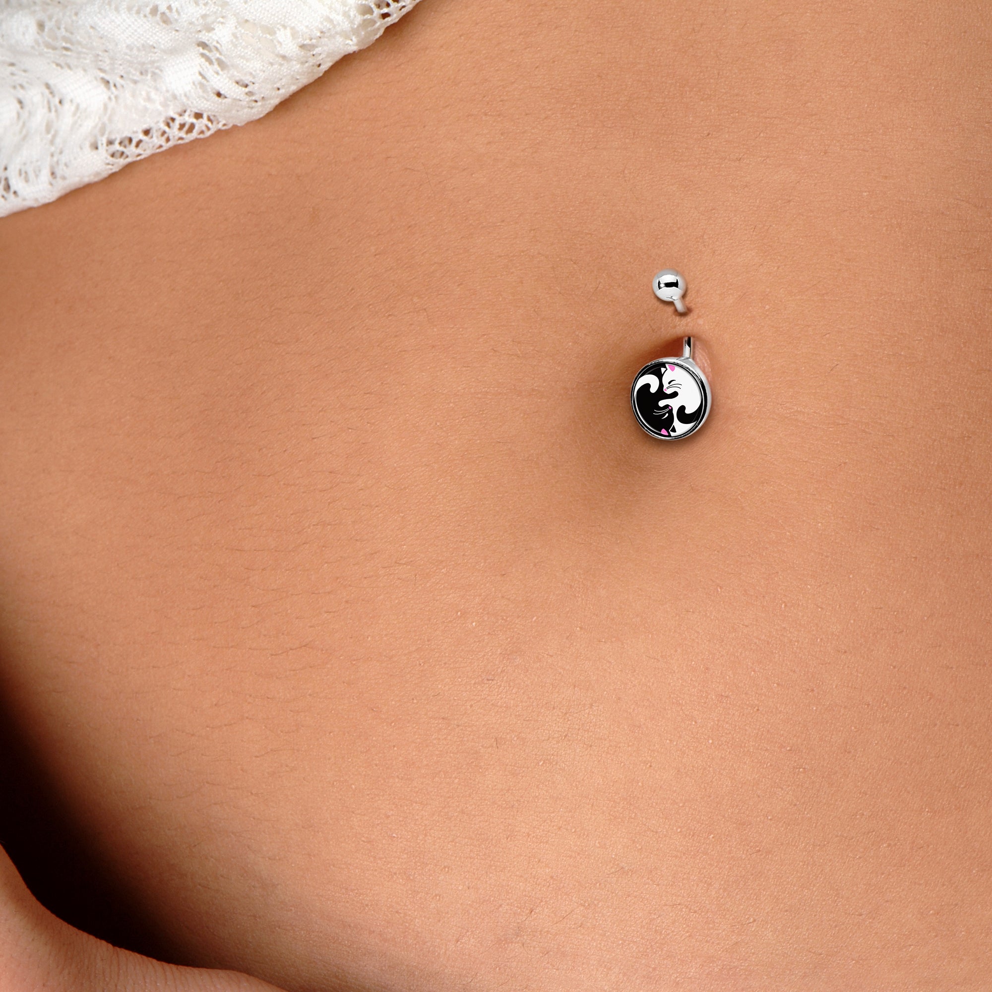 Cute Kitty Cat Yin Yang Stainless Steel Belly Ring lightweight comfortable