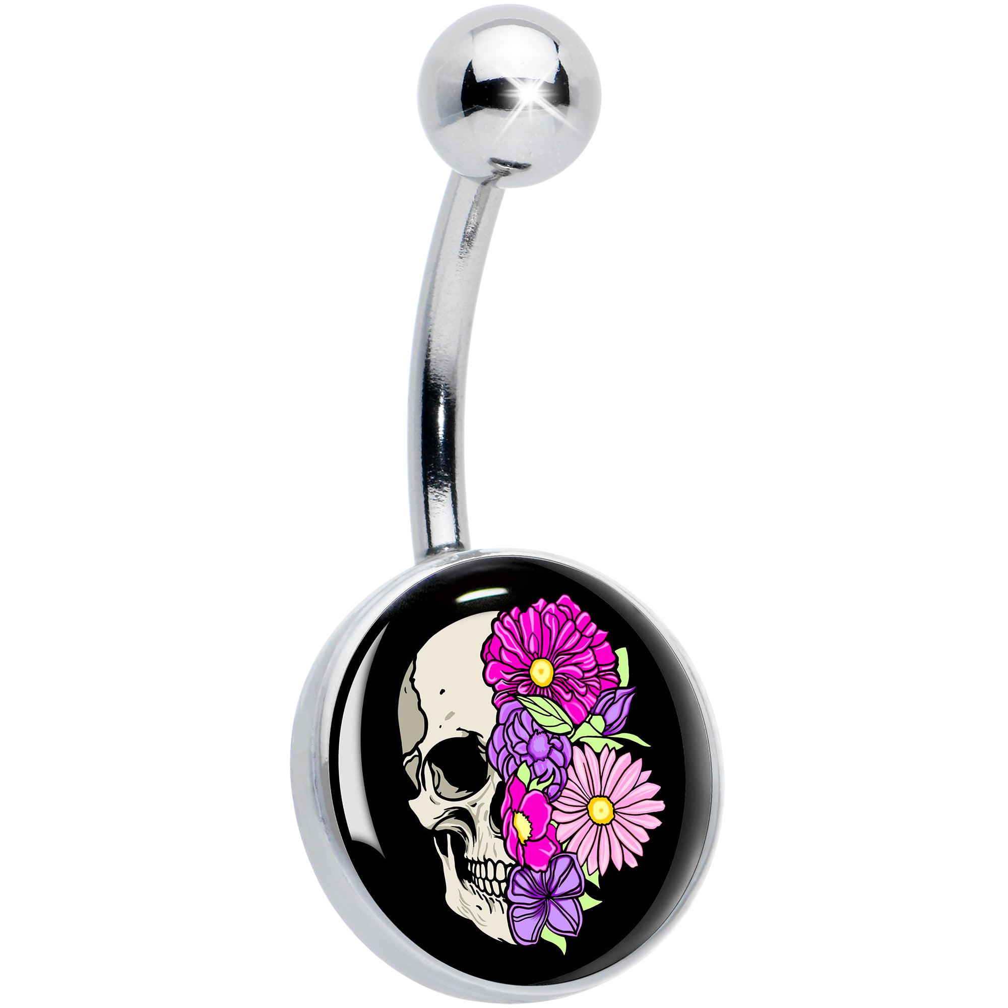 Floral Flowers Skull Hypoallergenic Stainless Steel Belly Ring