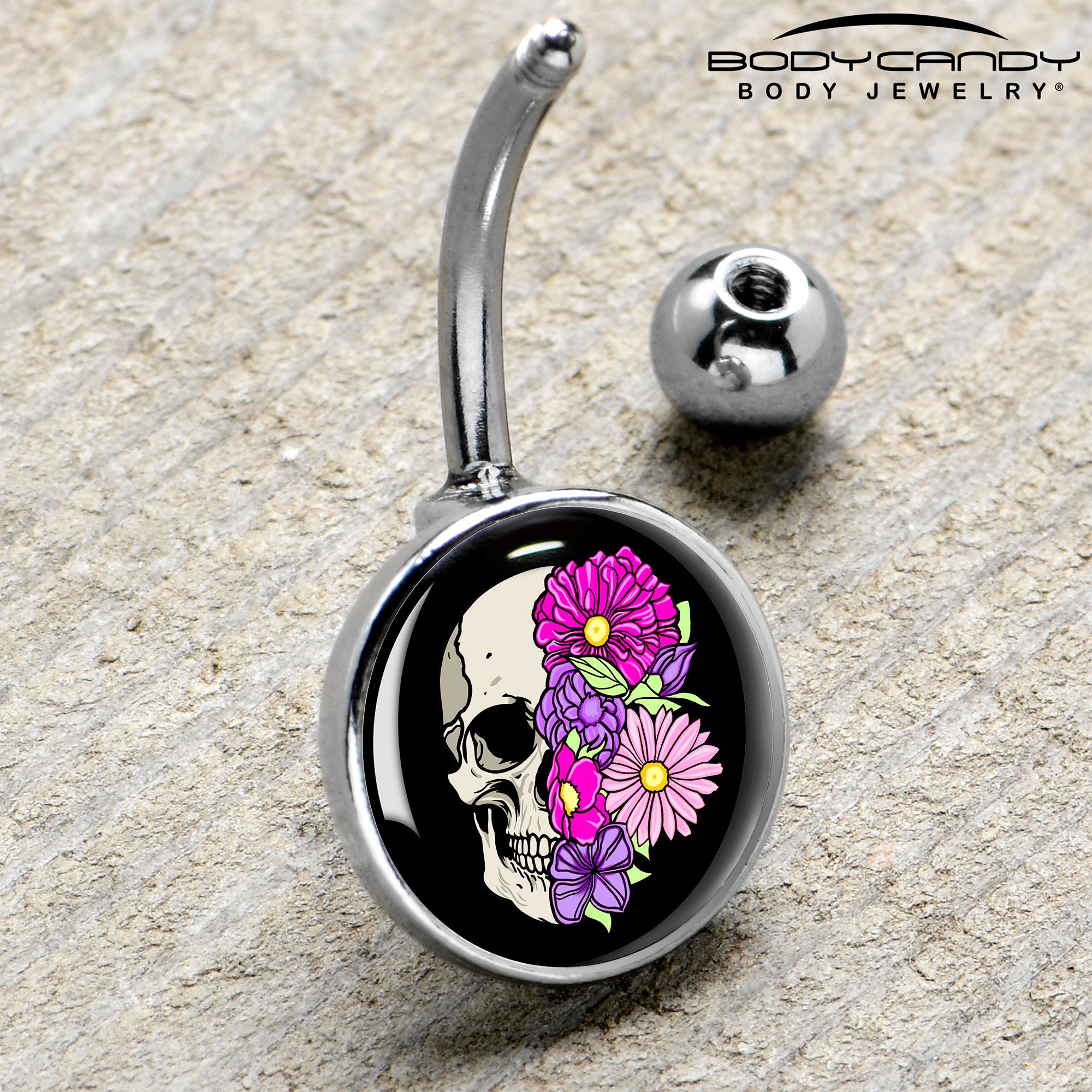 Floral Flowers Skull Stainless Steel Belly Ring handmade design