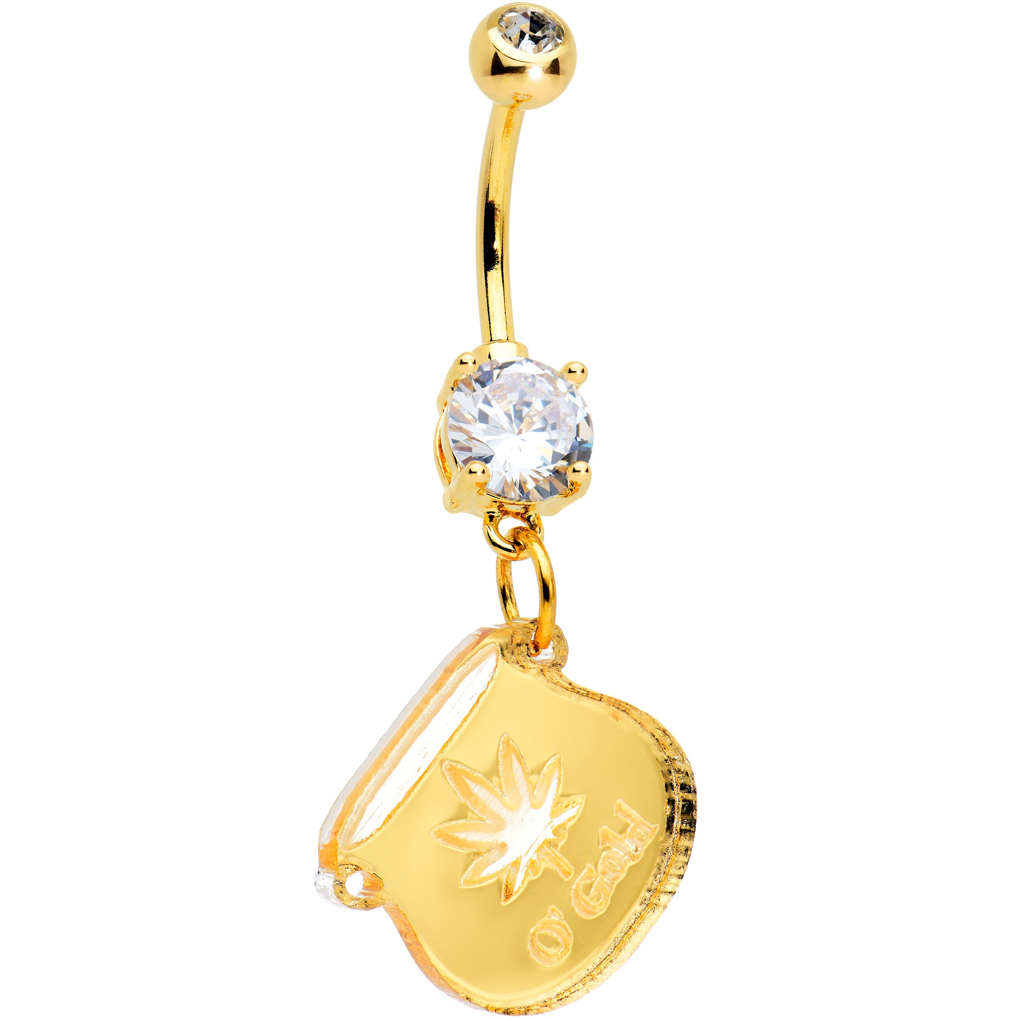 Clear Gem Gold Tone Pot of Gold 420 St Patricks Dangle Hypoallergenic Stainless Steel Belly Ring
