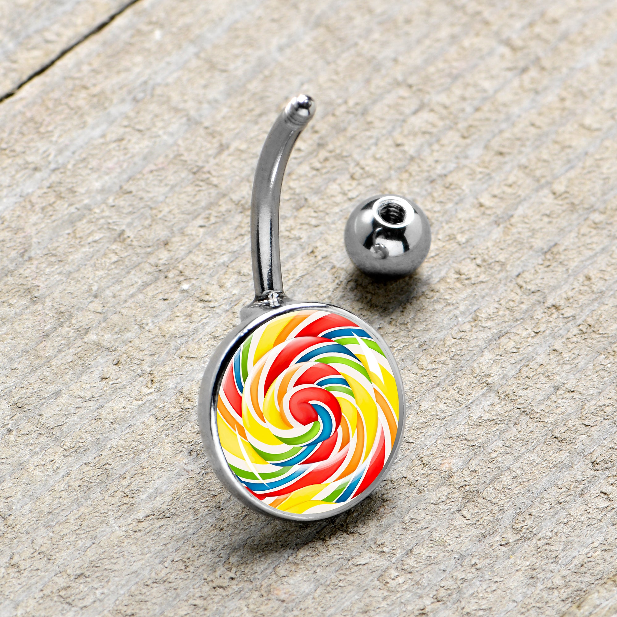 Rainbow Swirl Lollipop Stainless Steel Belly Ring handmade design