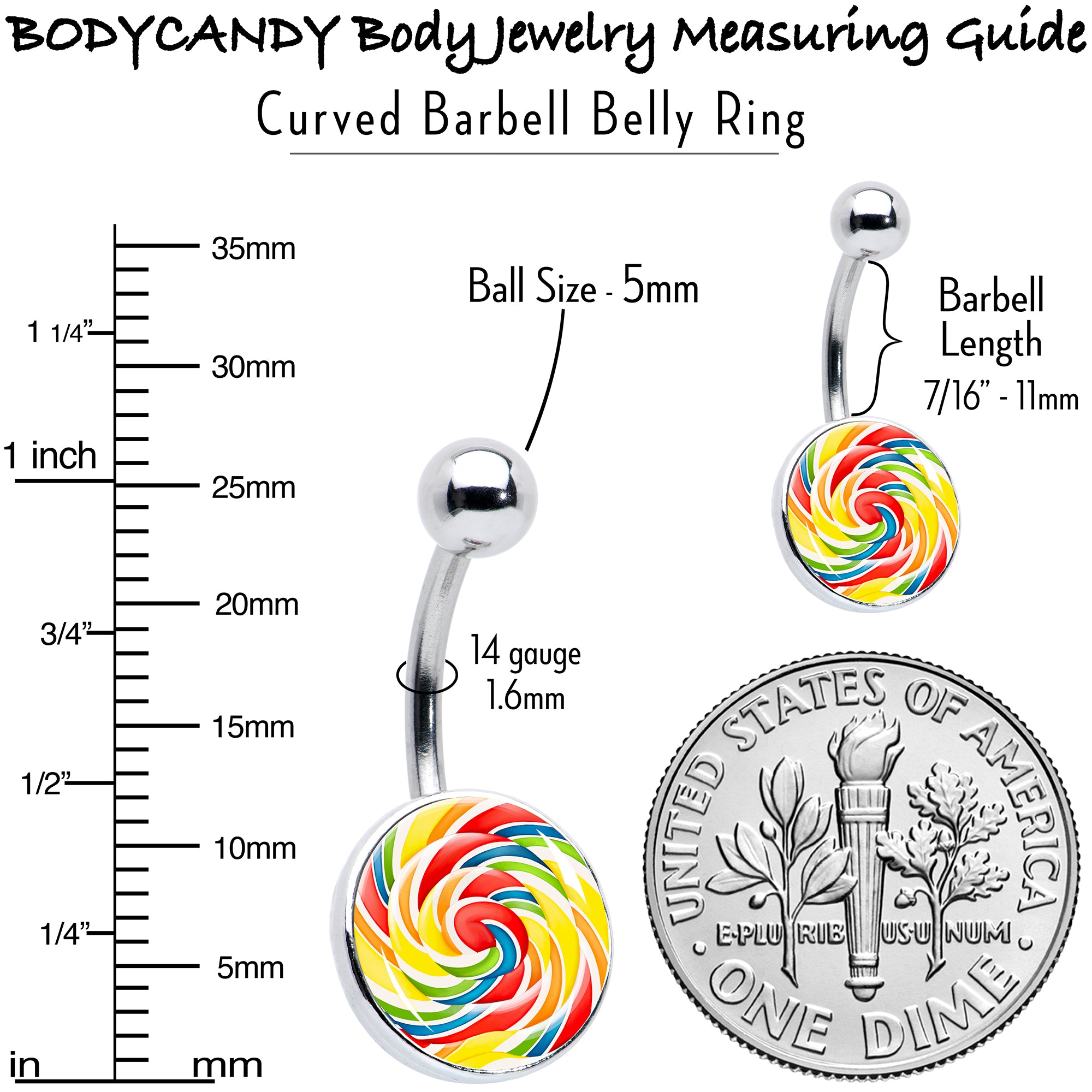 Rainbow Swirl Lollipop Stainless Steel Belly Ring perfect for sensitive skin
