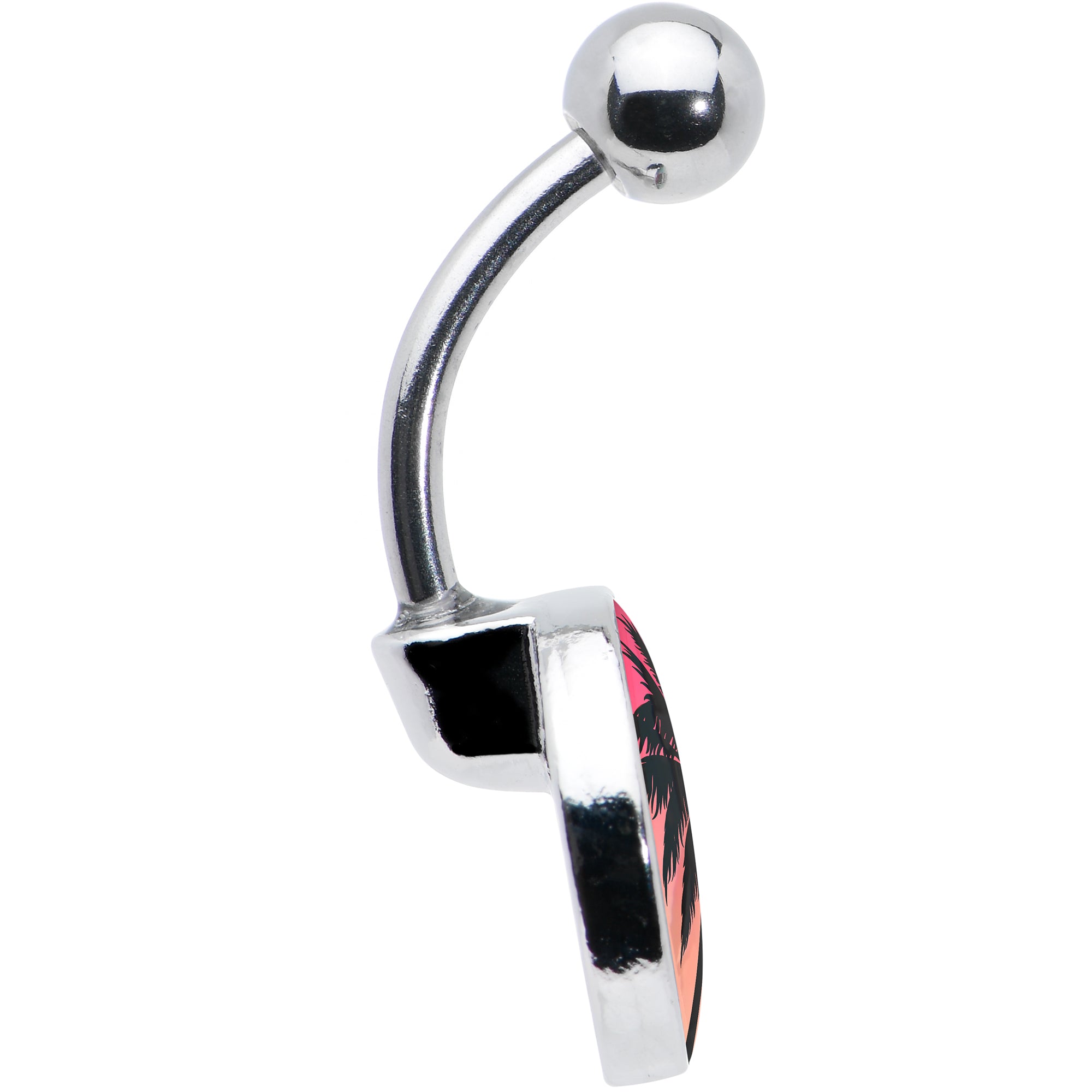 Red Sunset Palm Tree Stainless Steel Belly Ring custom design option