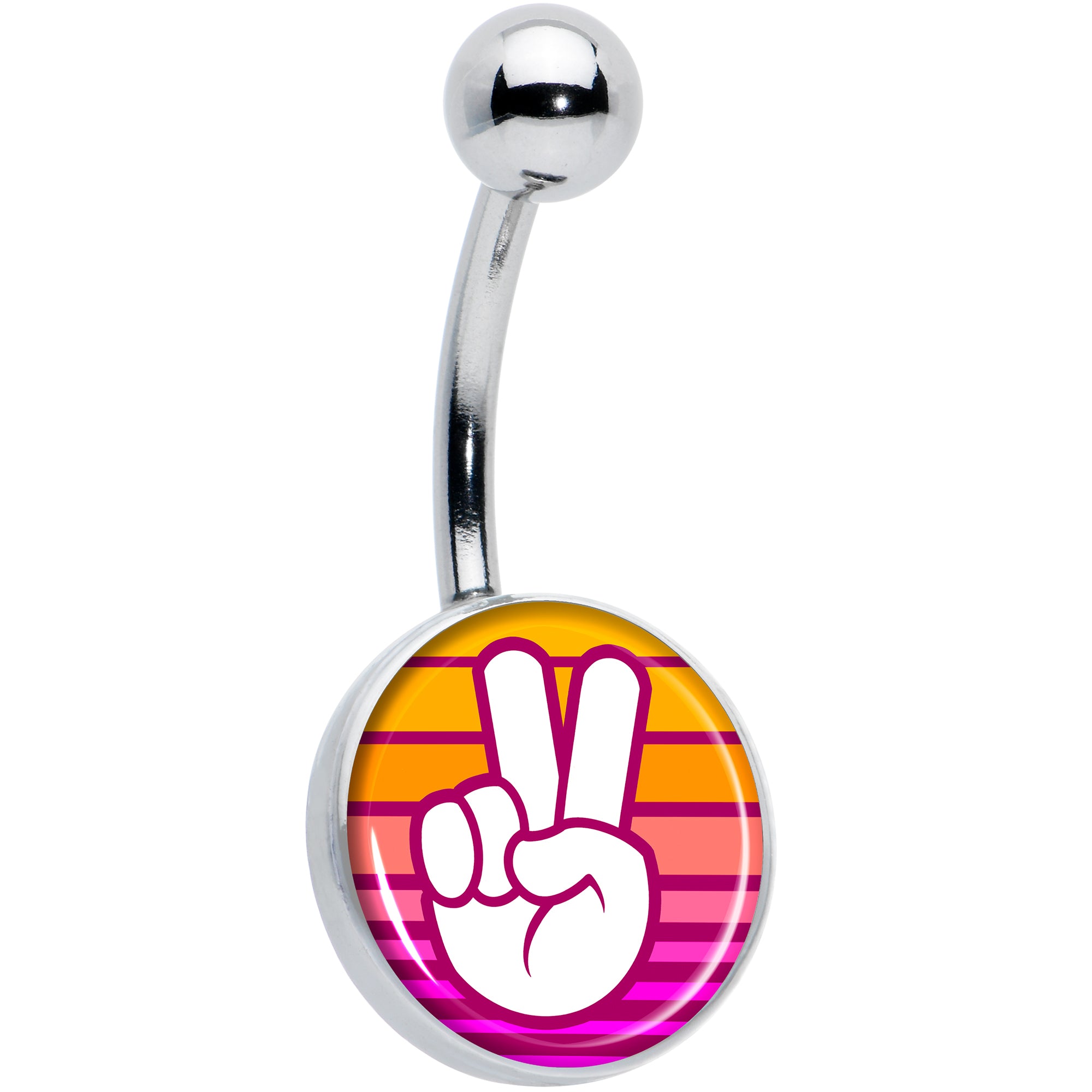 Retro Stripes Peace Sign Fingers Hypoallergenic Stainless Steel Belly Ring