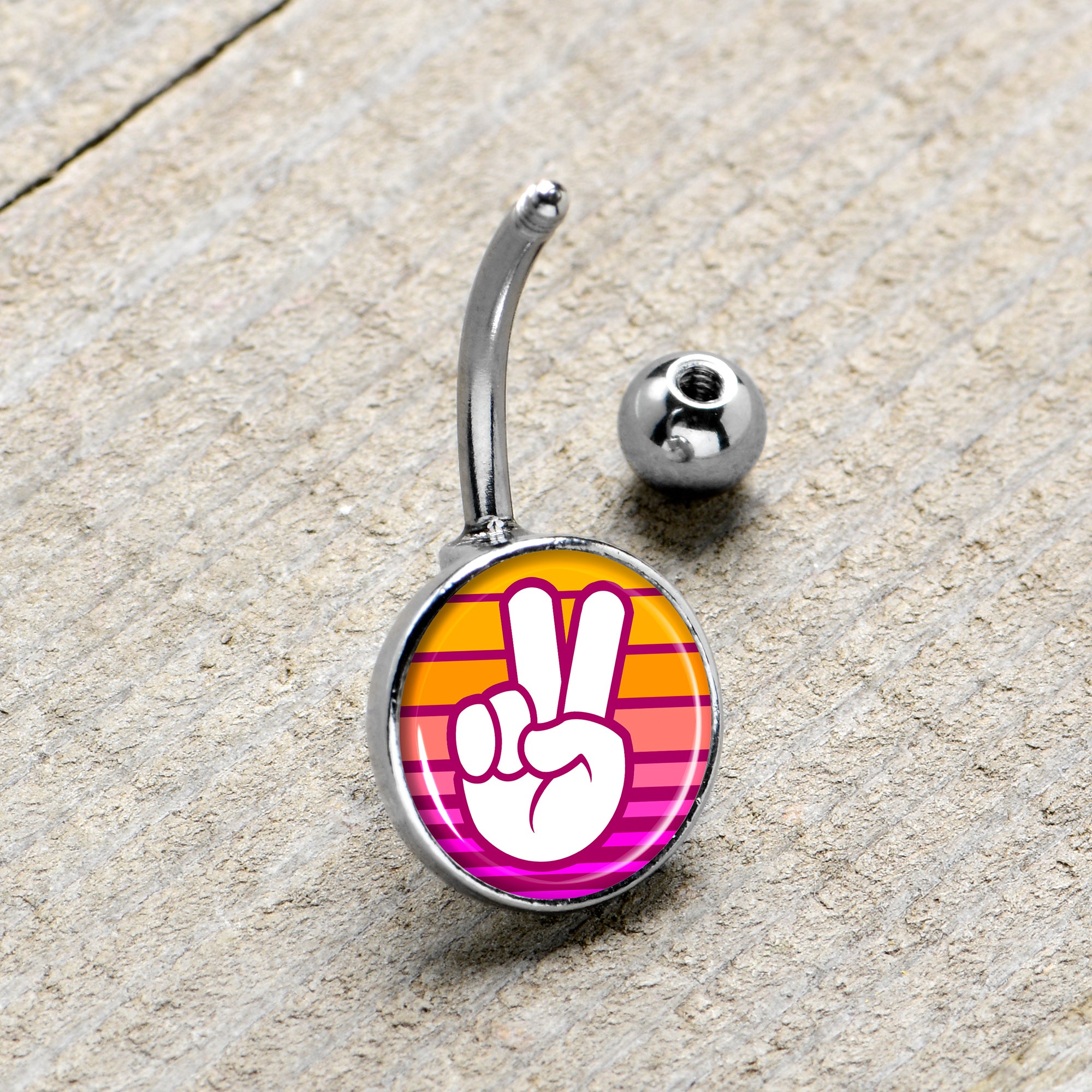 Retro Stripes Peace Sign Fingers Stainless Steel Belly Ring stylish jewelry