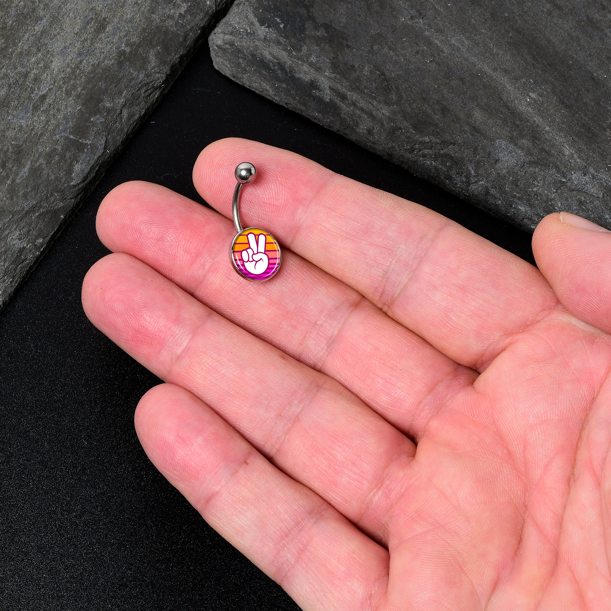 Retro Stripes Peace Sign Fingers Stainless Steel Belly Ring custom design option