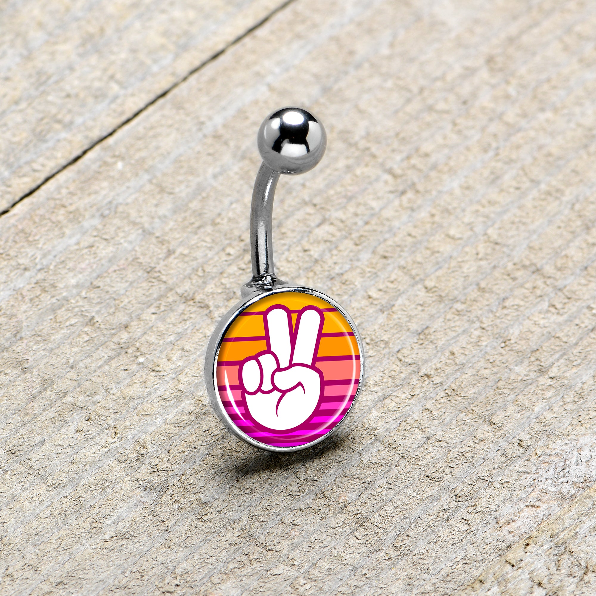 Retro Stripes Peace Sign Fingers Belly Ring by Onyx O