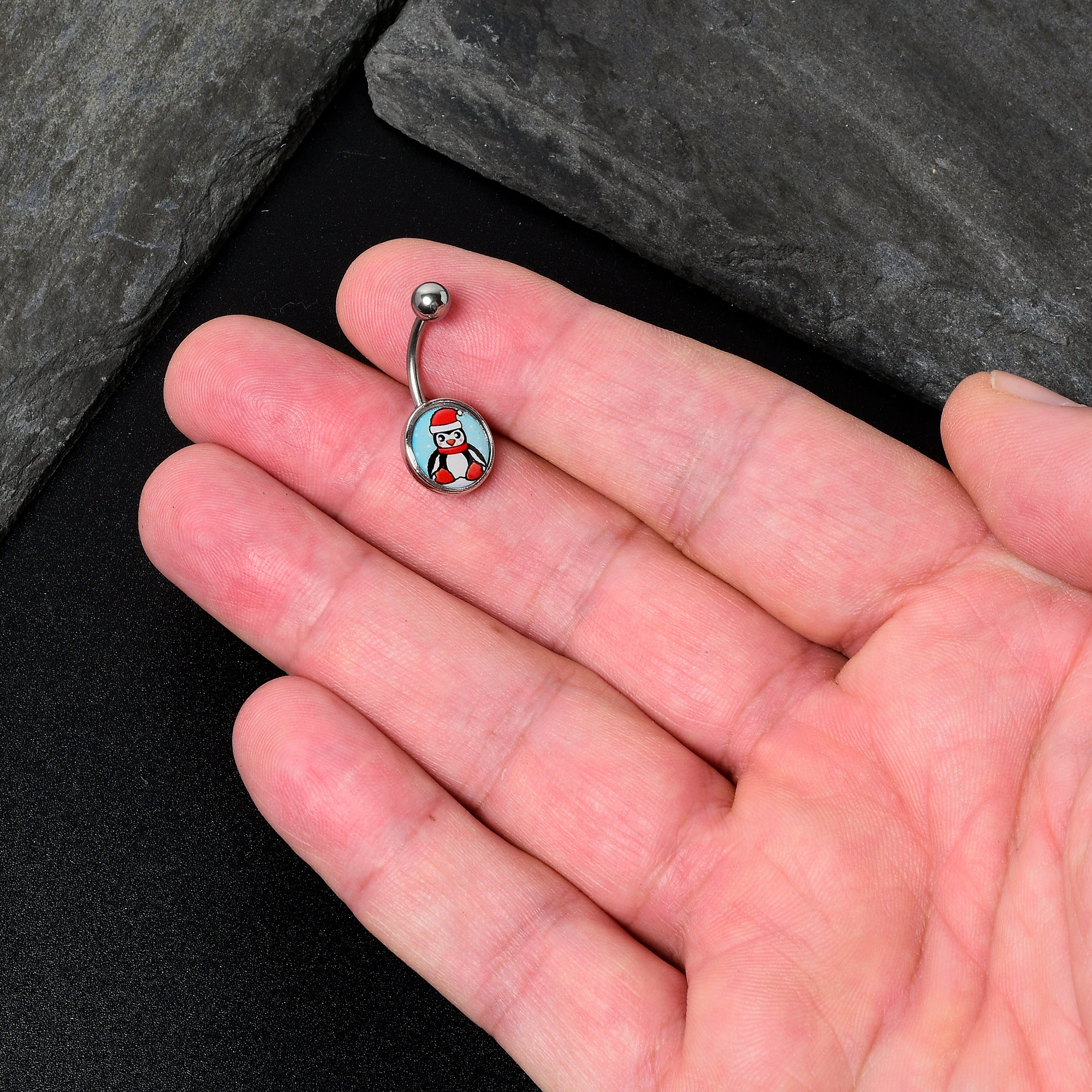 Snowfall Holiday Penguin Stainless Steel Belly Ring custom design option