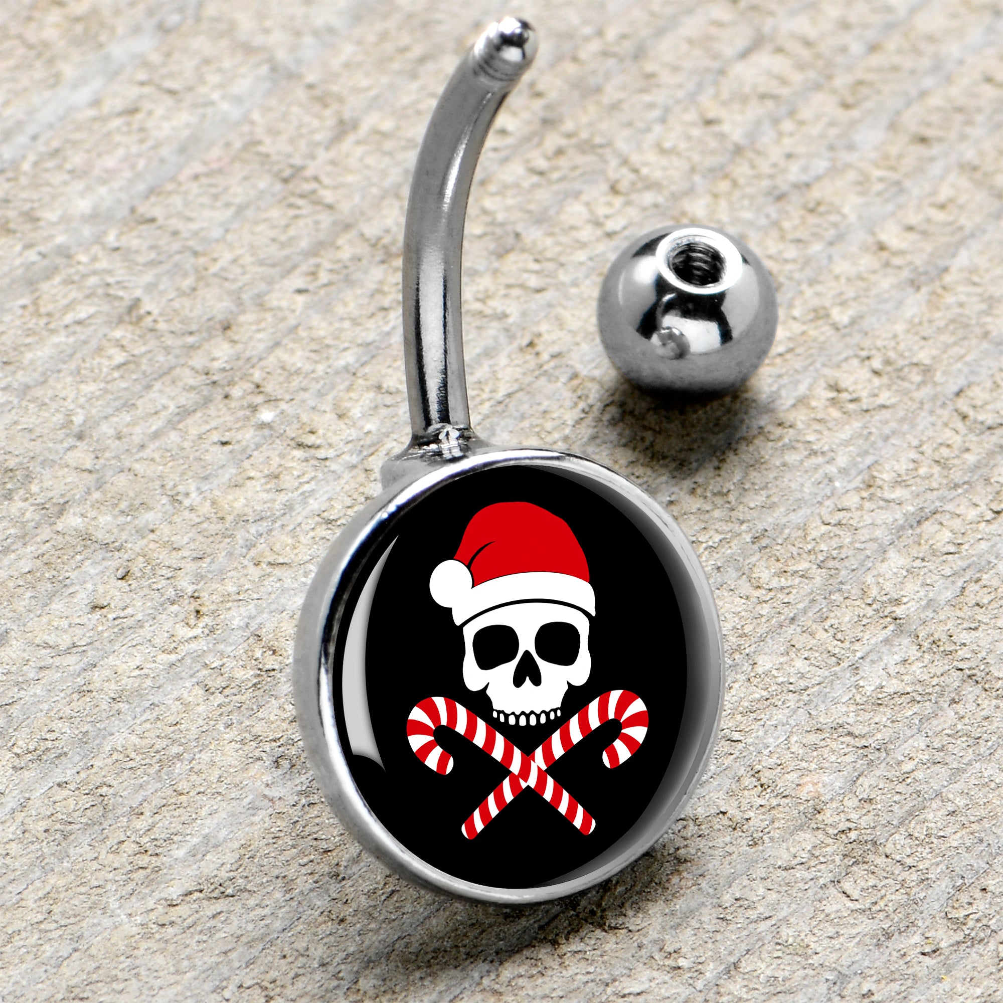Santa Pirate Candy Cane Skull Stainless Steel Belly Ring handmade design
