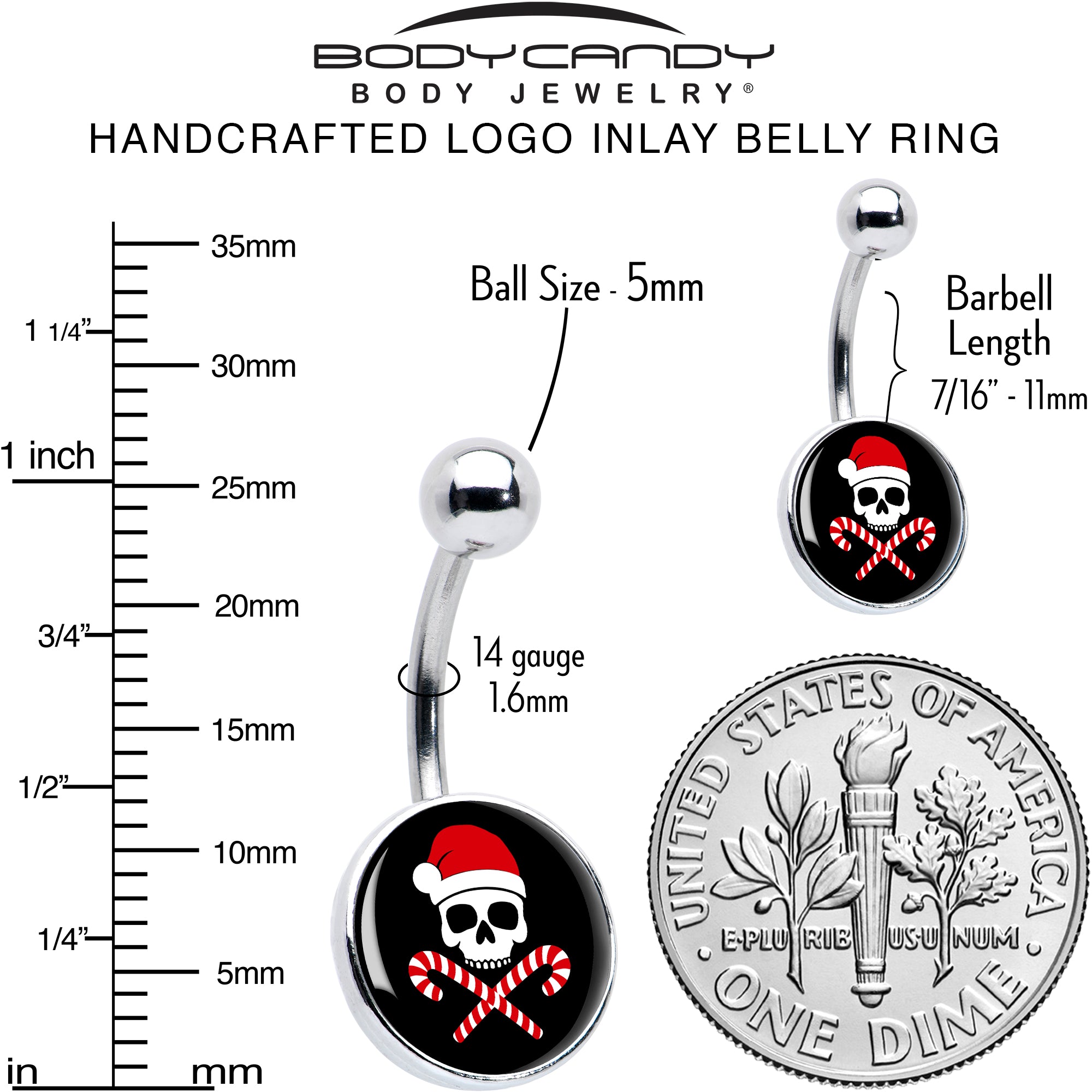 Santa Pirate Candy Cane Skull Stainless Steel Belly Ring perfect for sensitive skin