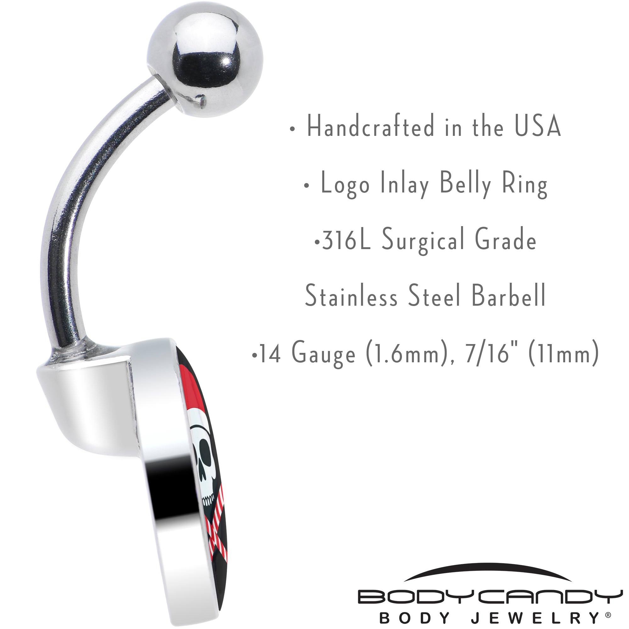 Santa Pirate Candy Cane Skull Stainless Steel Belly Ring custom design option