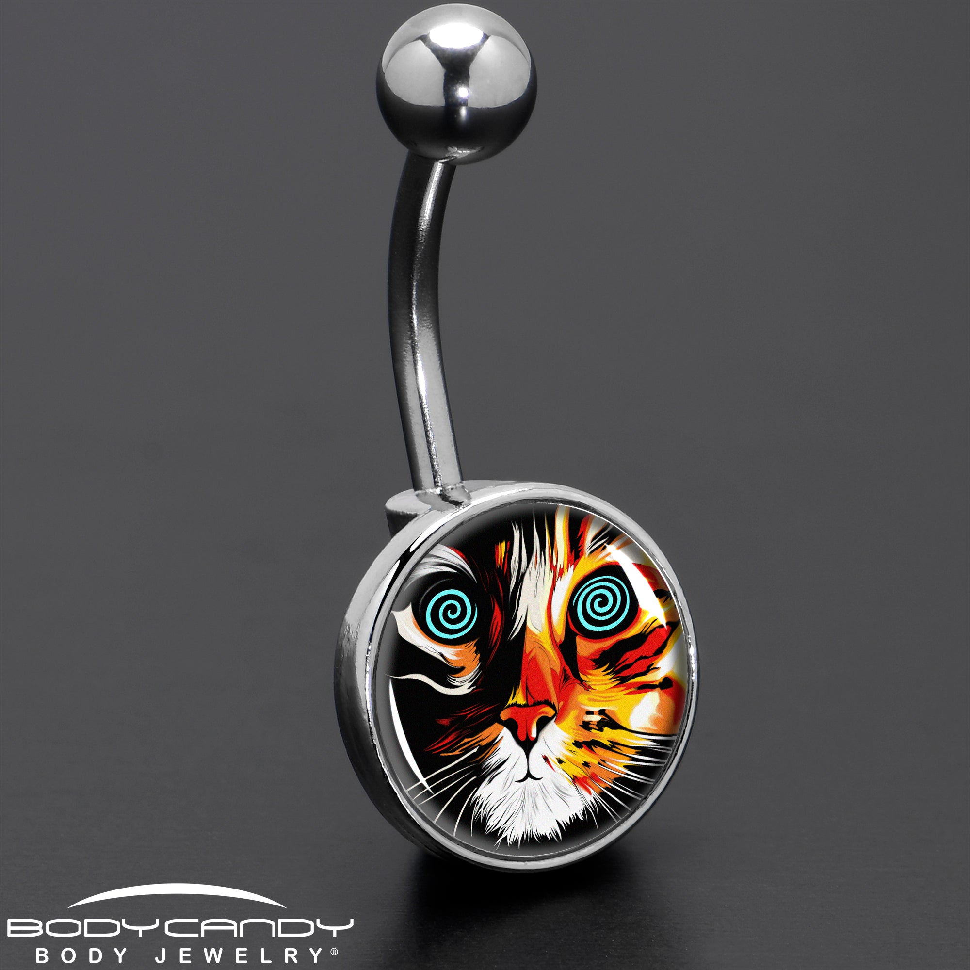 Colorful Trippy Cat Stainless Steel Belly Ring custom design option