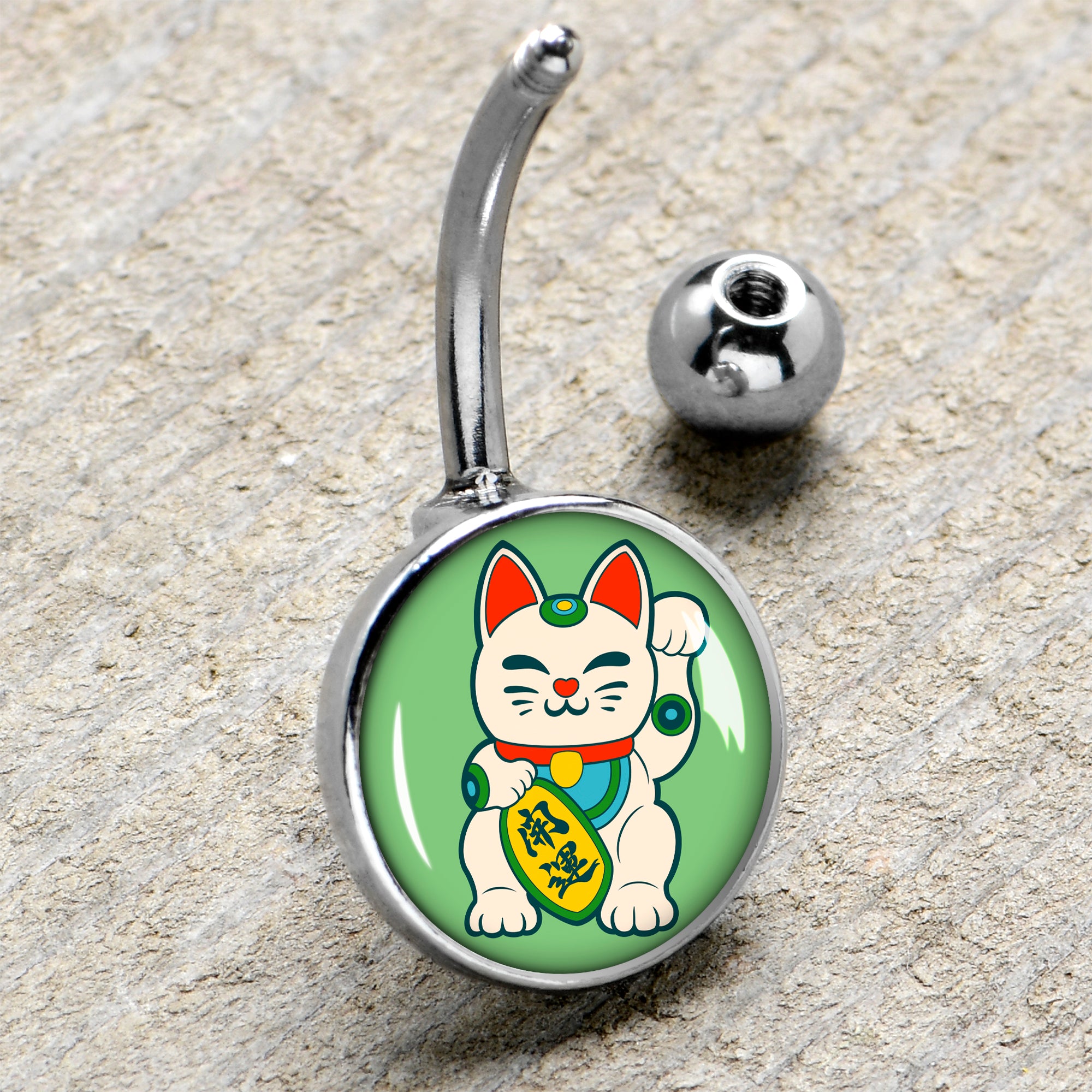 Waving Cat Stainless Steel Belly Ring handmade design