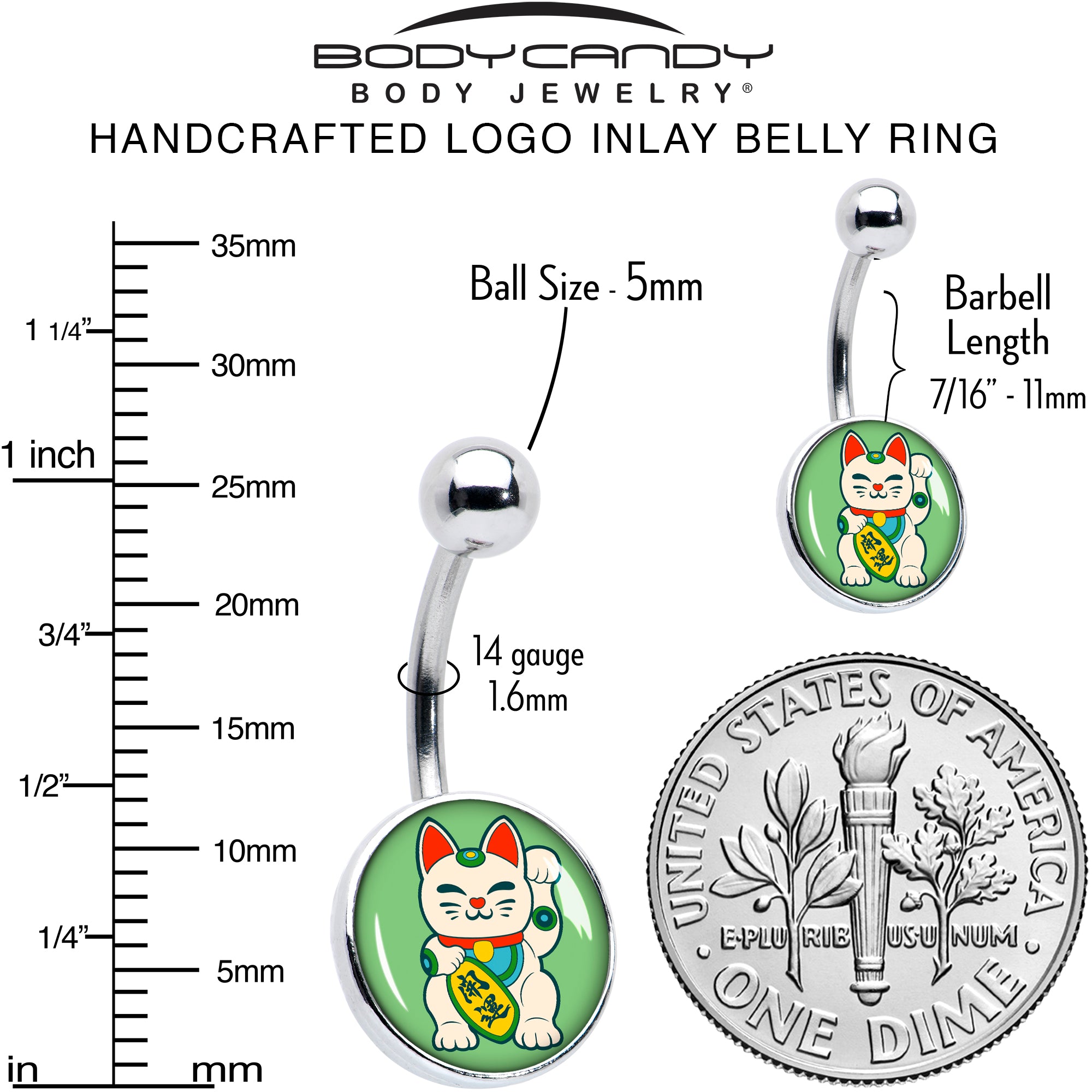 Waving Cat Stainless Steel Belly Ring perfect for sensitive skin
