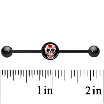 14G Black Anodized Sugar Skull Industrial Barbell 37mm