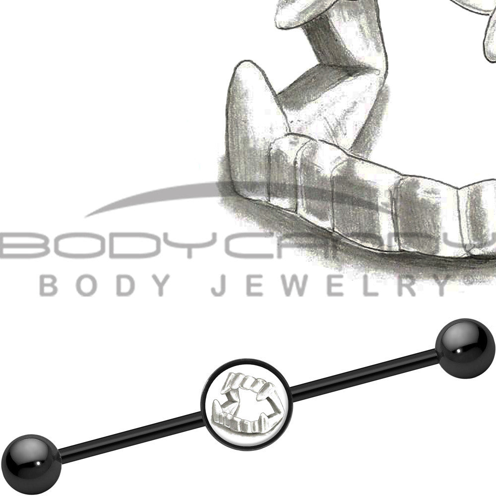 14G Black Anodized Fearsome Vamp Fangs Industrial Barbell 37mm