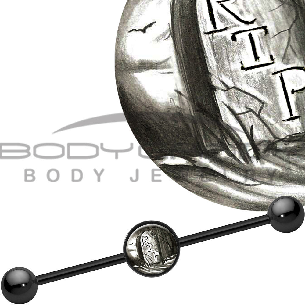 14G Black Anodized Scary RIP Tombstone Industrial Barbell 37mm