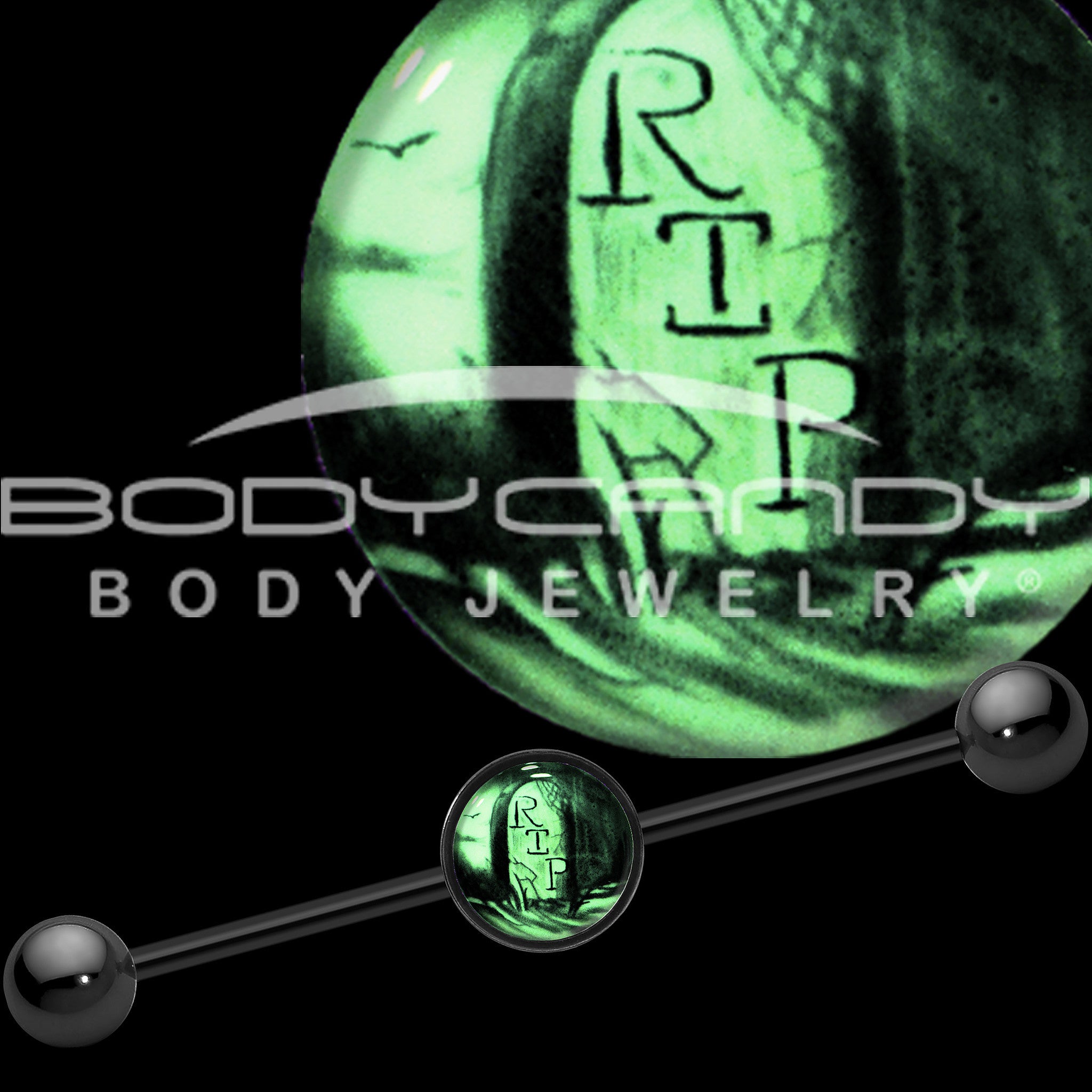 14G Black Glow in the Dark RIP Tombstone Industrial Barbell 37mm