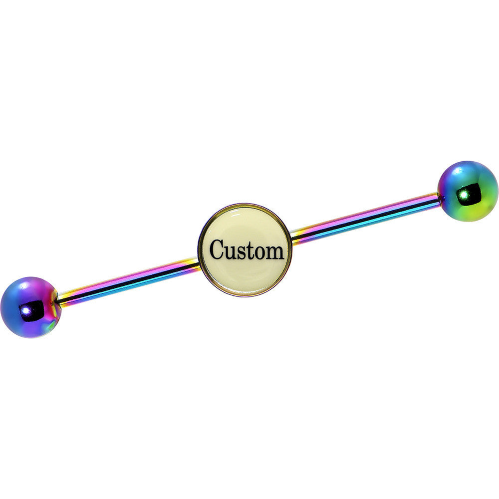 Custom Glow in the Dark Personalized Industrial Barbell in Rainbow Titanium