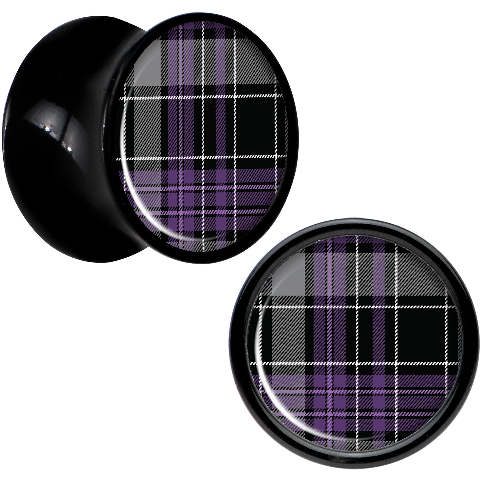 Winter Purple Black Plaid Black Acrylic Saddle Plug Set Sizes 5mm to 20mm
