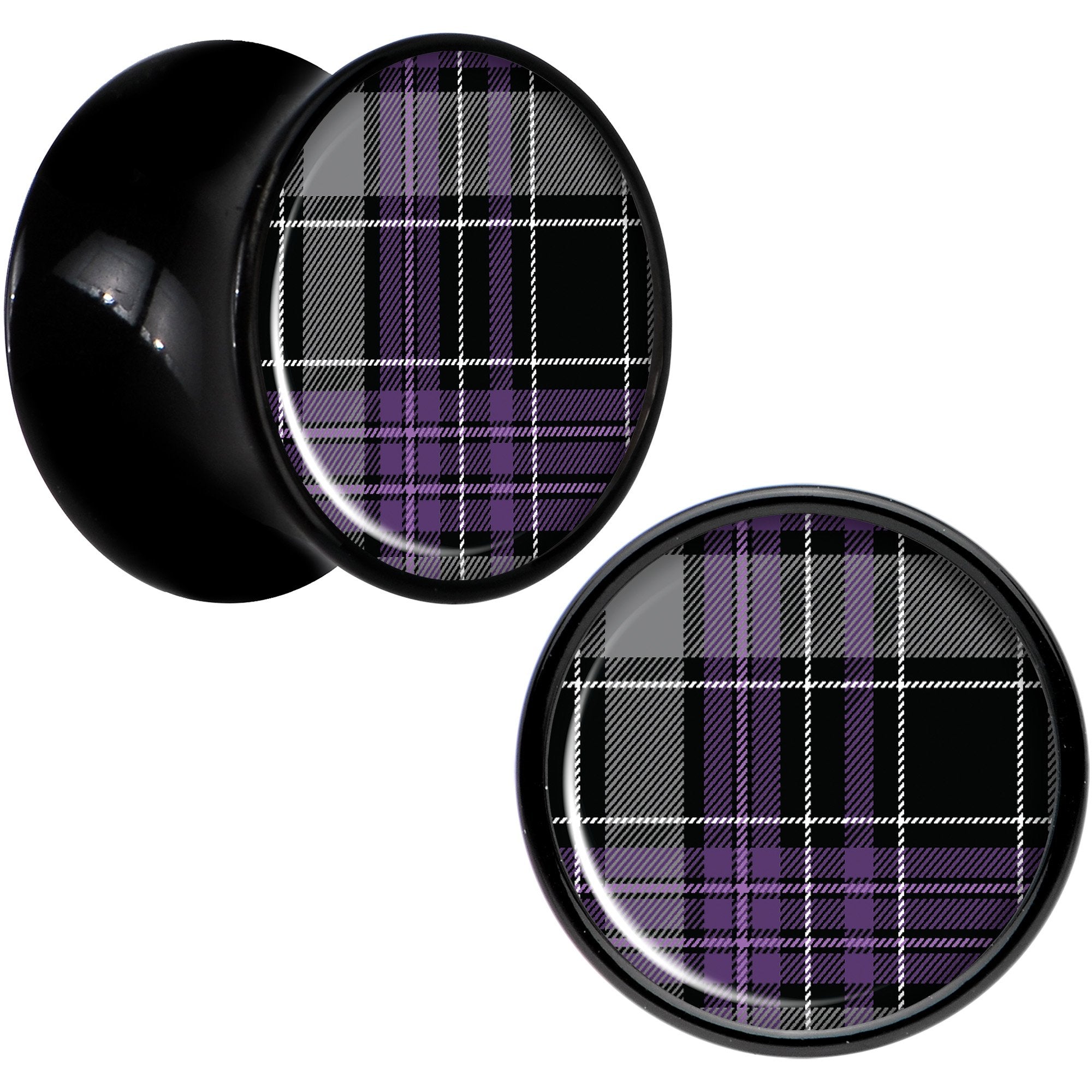 Winter Purple Black Plaid Black Acrylic Saddle Plug Set Sizes 5mm to 20mm