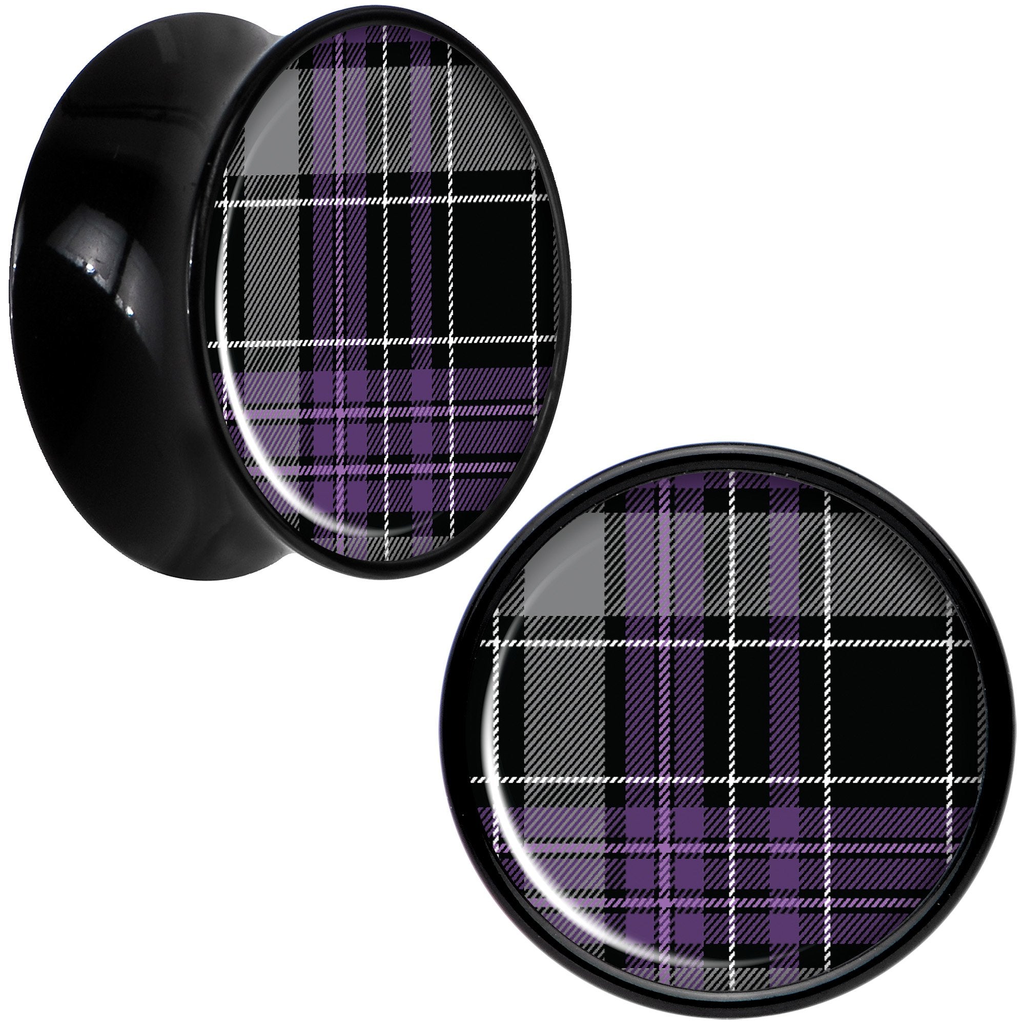 Winter Purple Black Plaid Black Acrylic Saddle Plug Set Sizes 5mm to 20mm