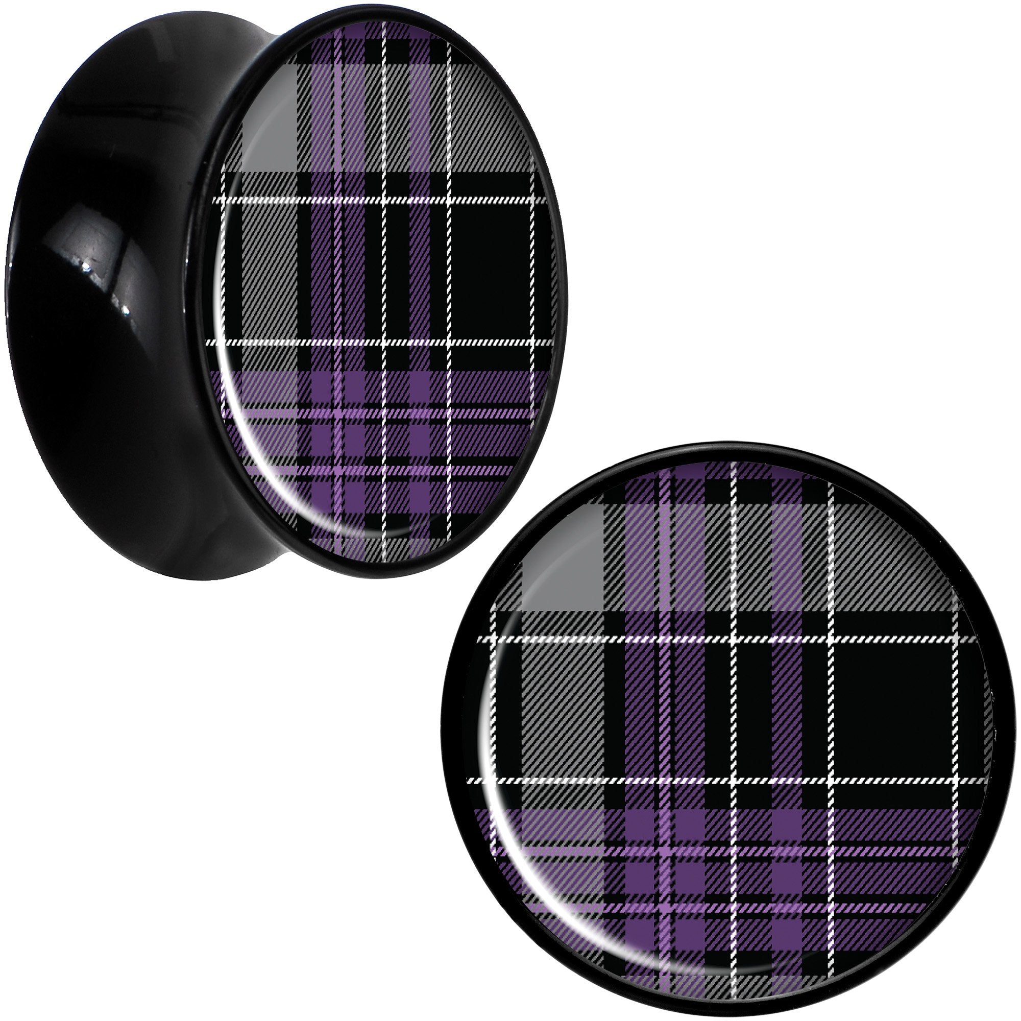 Winter Purple Black Plaid Black Acrylic Saddle Plug Set Sizes 5mm to 20mm