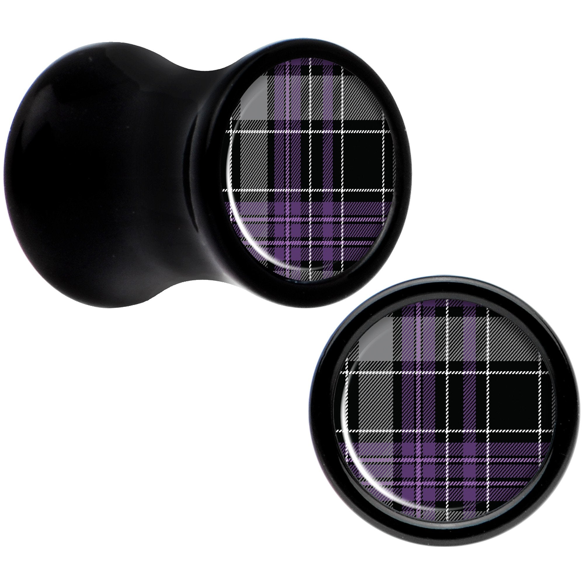 Winter Purple Black Plaid Black Acrylic Saddle Plug Set Sizes 5mm to 20mm