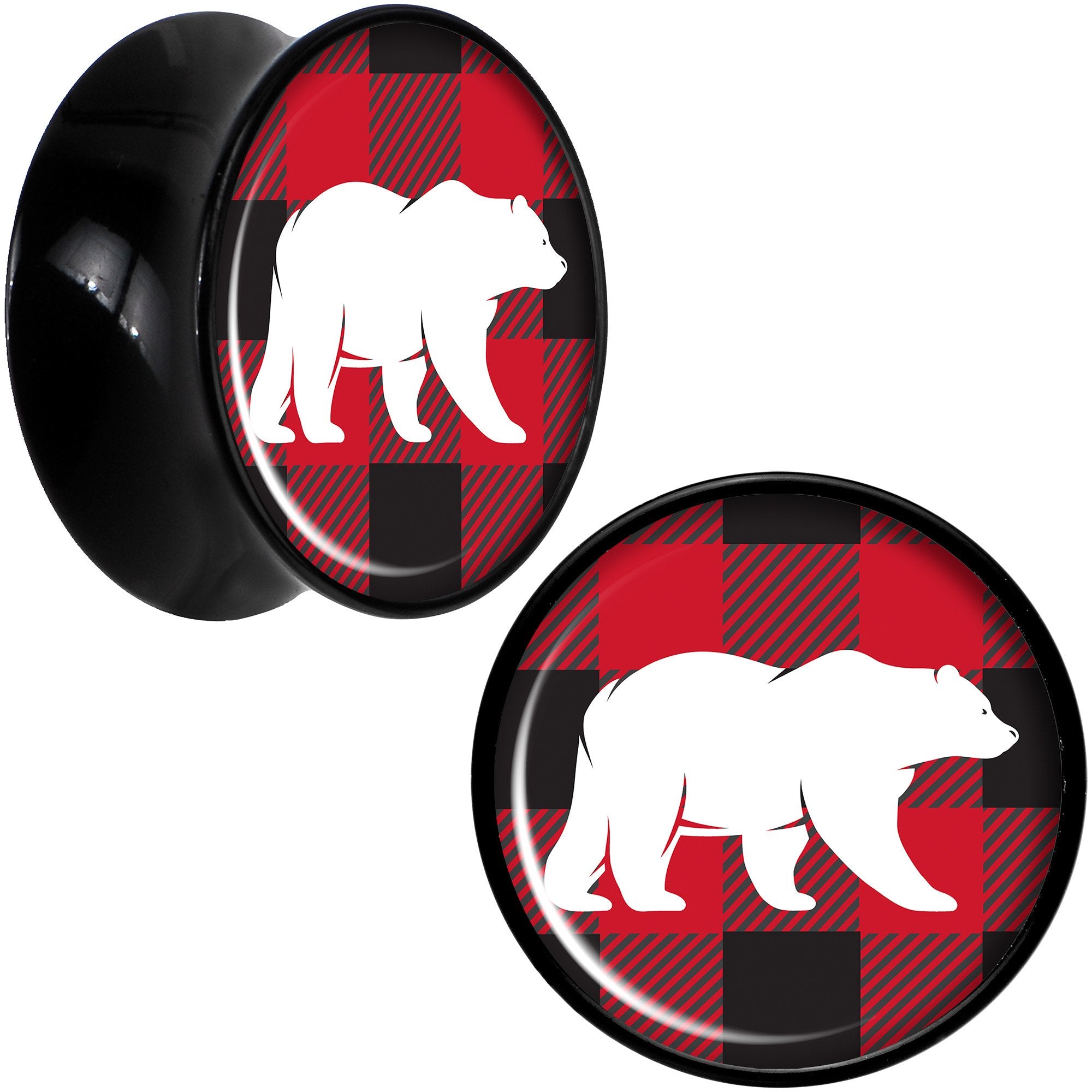 Red Black Plaid Polar Bear Black Acrylic Saddle Plug Set Sizes 5mm to 20mm