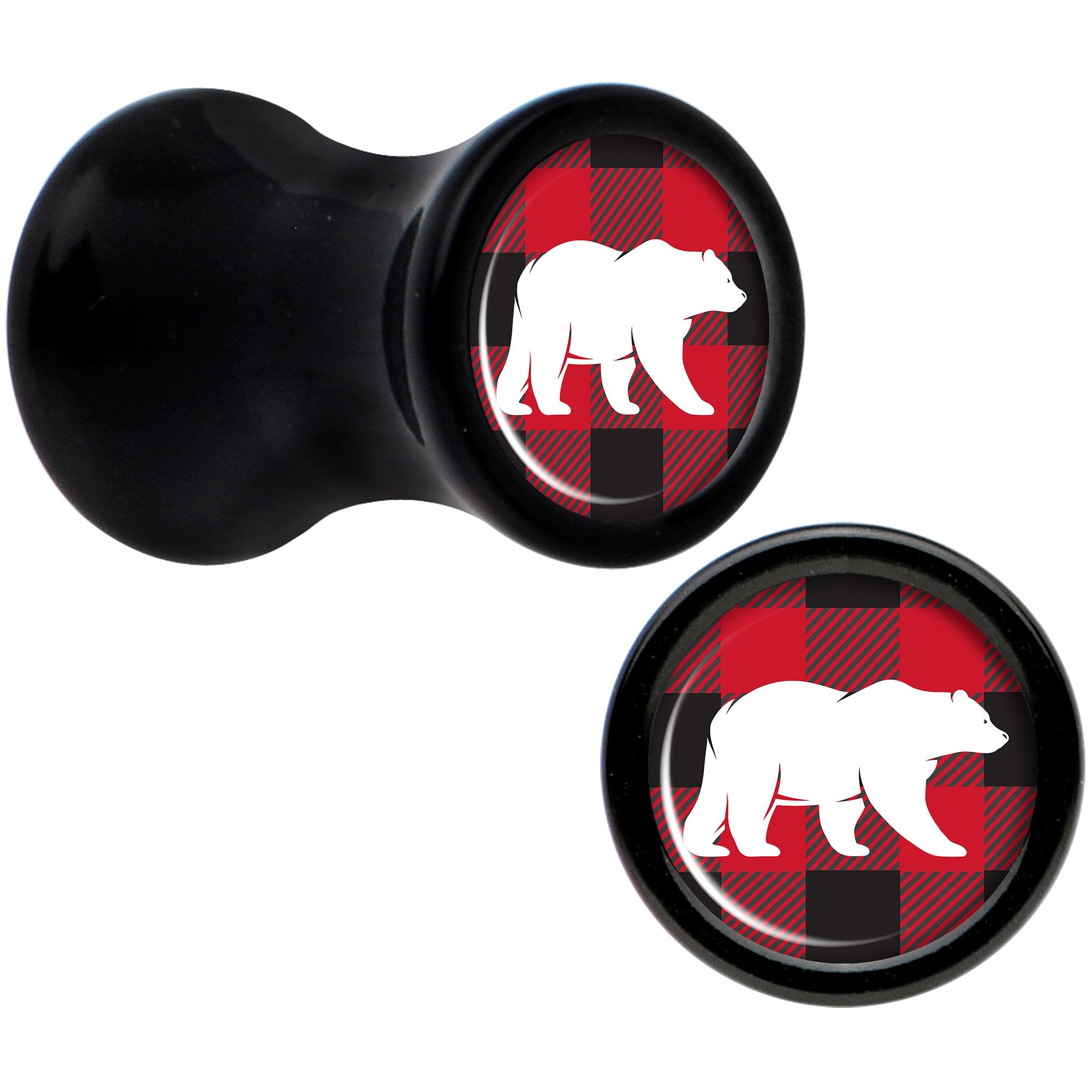 Red Black Plaid Polar Bear Black Acrylic Saddle Plug Set Sizes 5mm to 20mm
